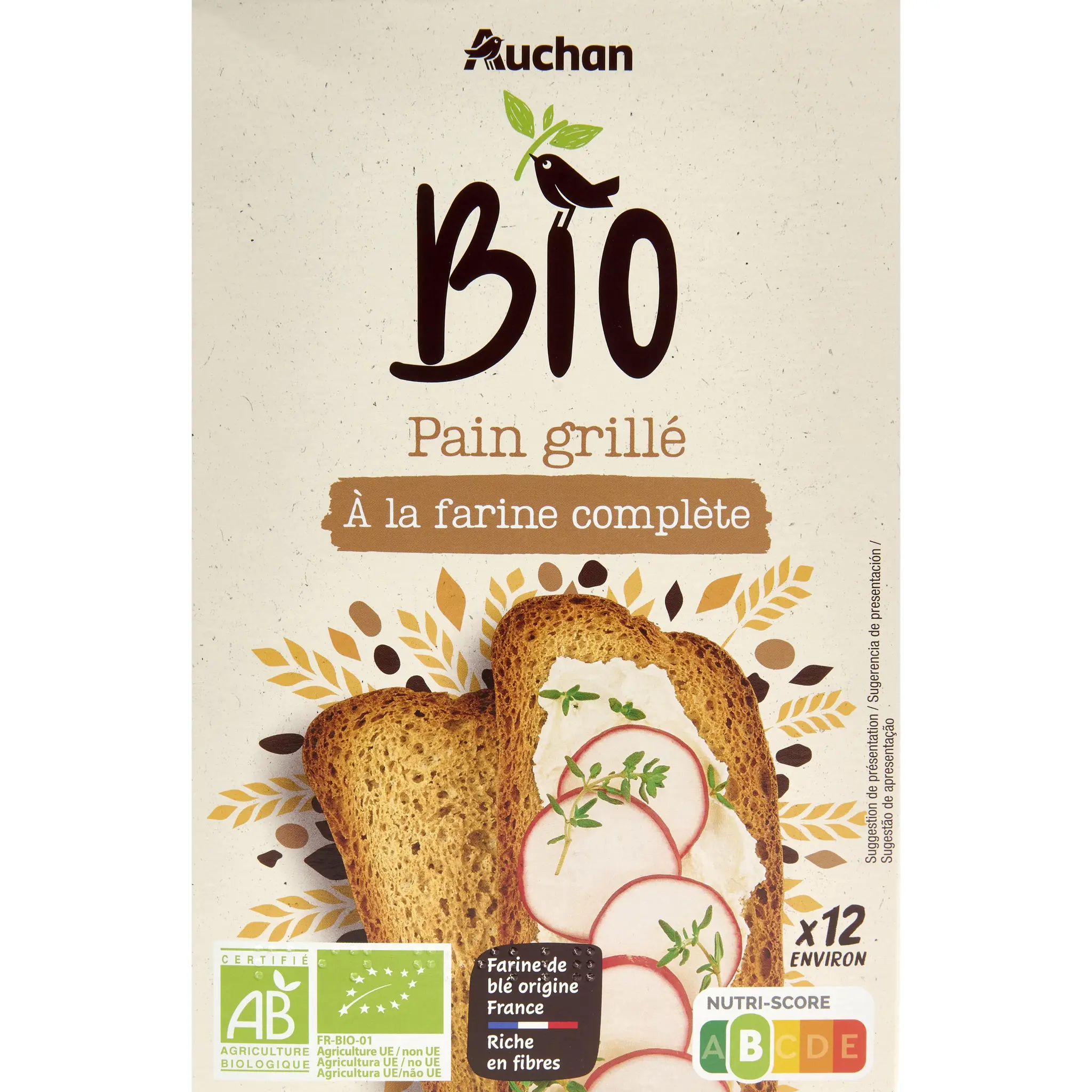 AUCHAN BIO Pain grillé à la farine complète
