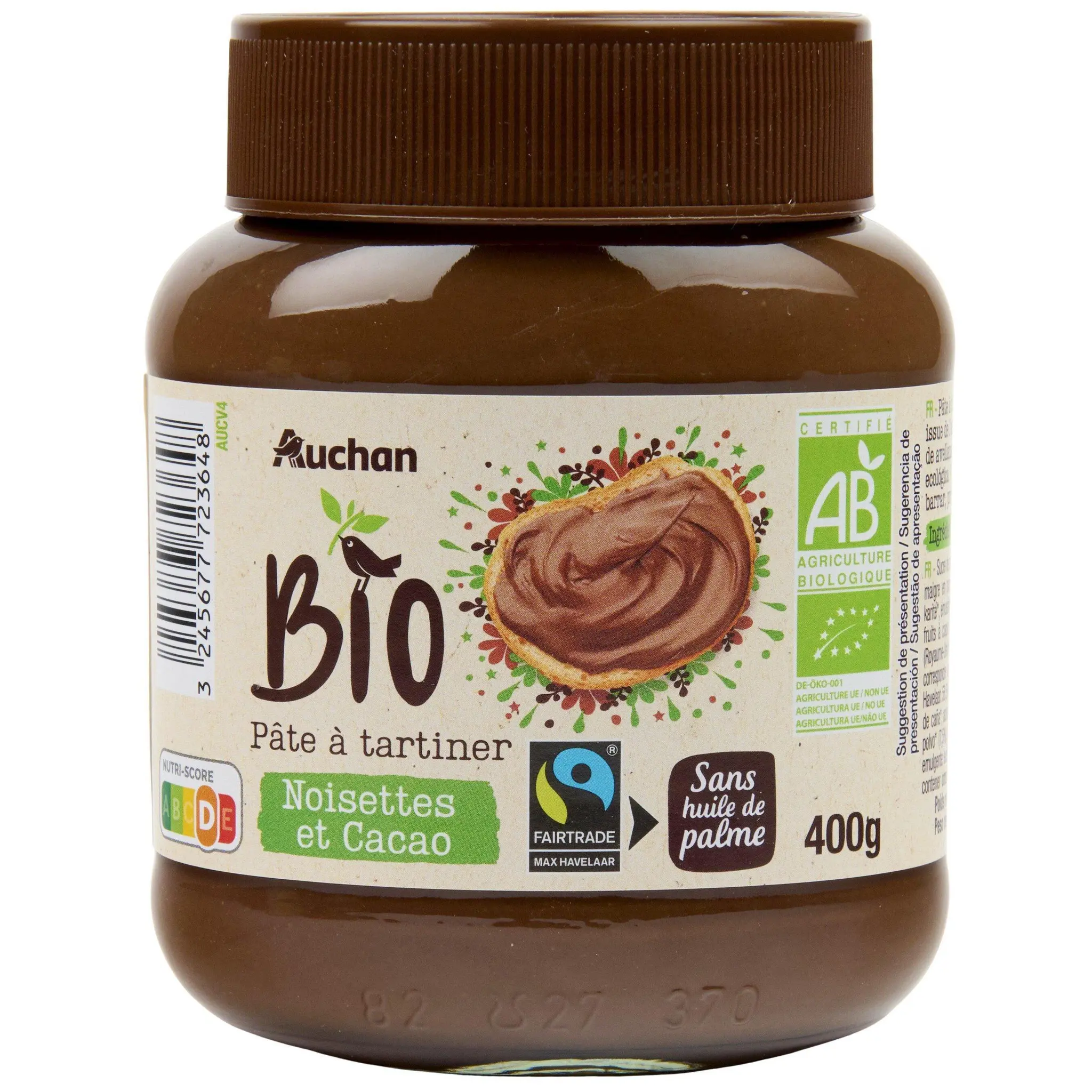 AUCHAN BIO Pâte à tartiner au cacao et noisettes