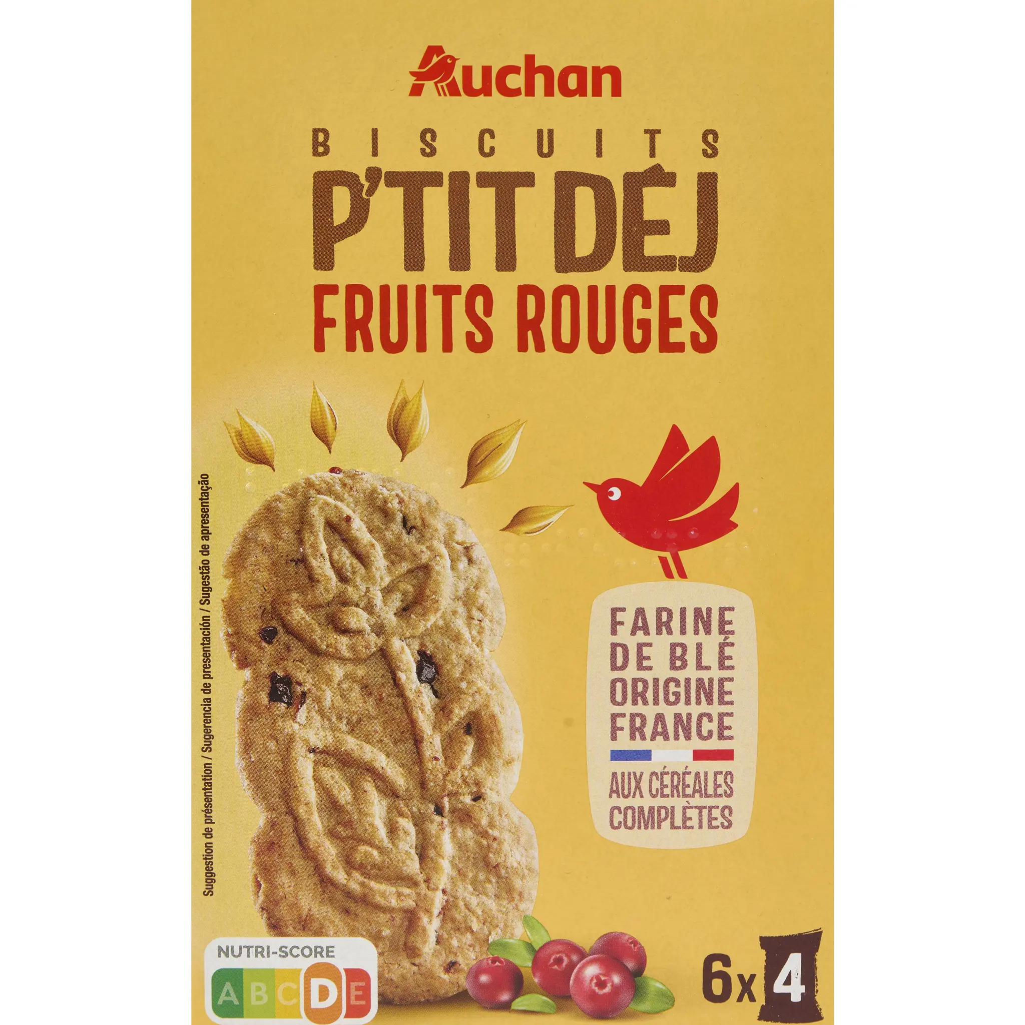AUCHAN Biscuits petit-déjeuner aux céréales fruits rouges sachets fraîcheur
