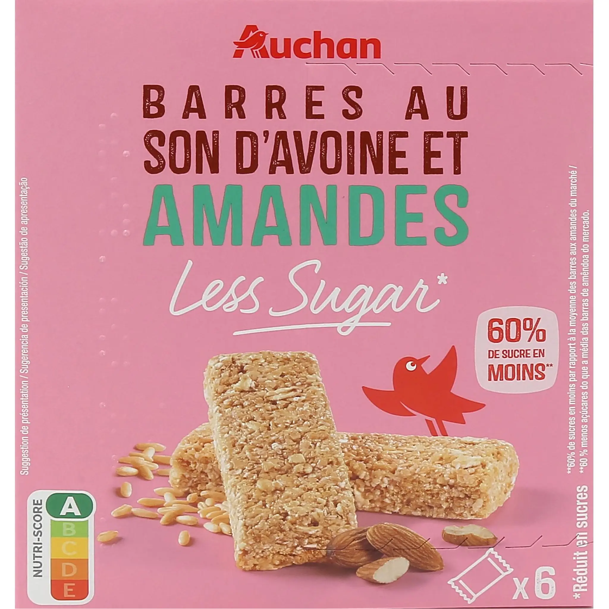 AUCHAN LESS SUGAR Barres au son d'avoine et amandes