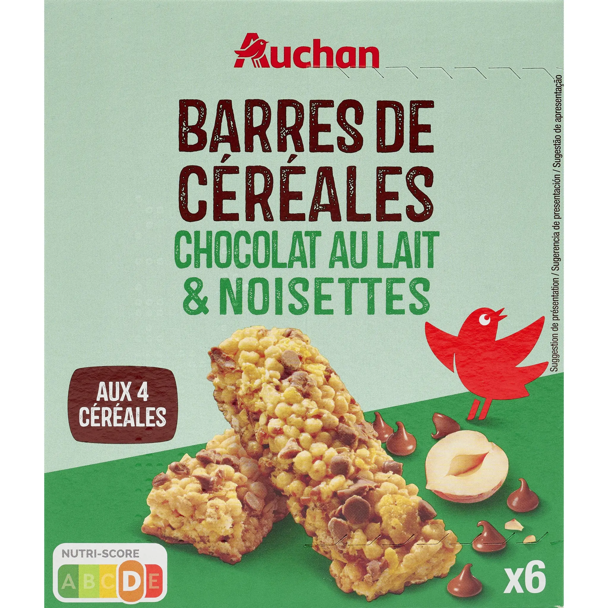 AUCHAN Crousty barres de céréales chocolat au lait et noisettes