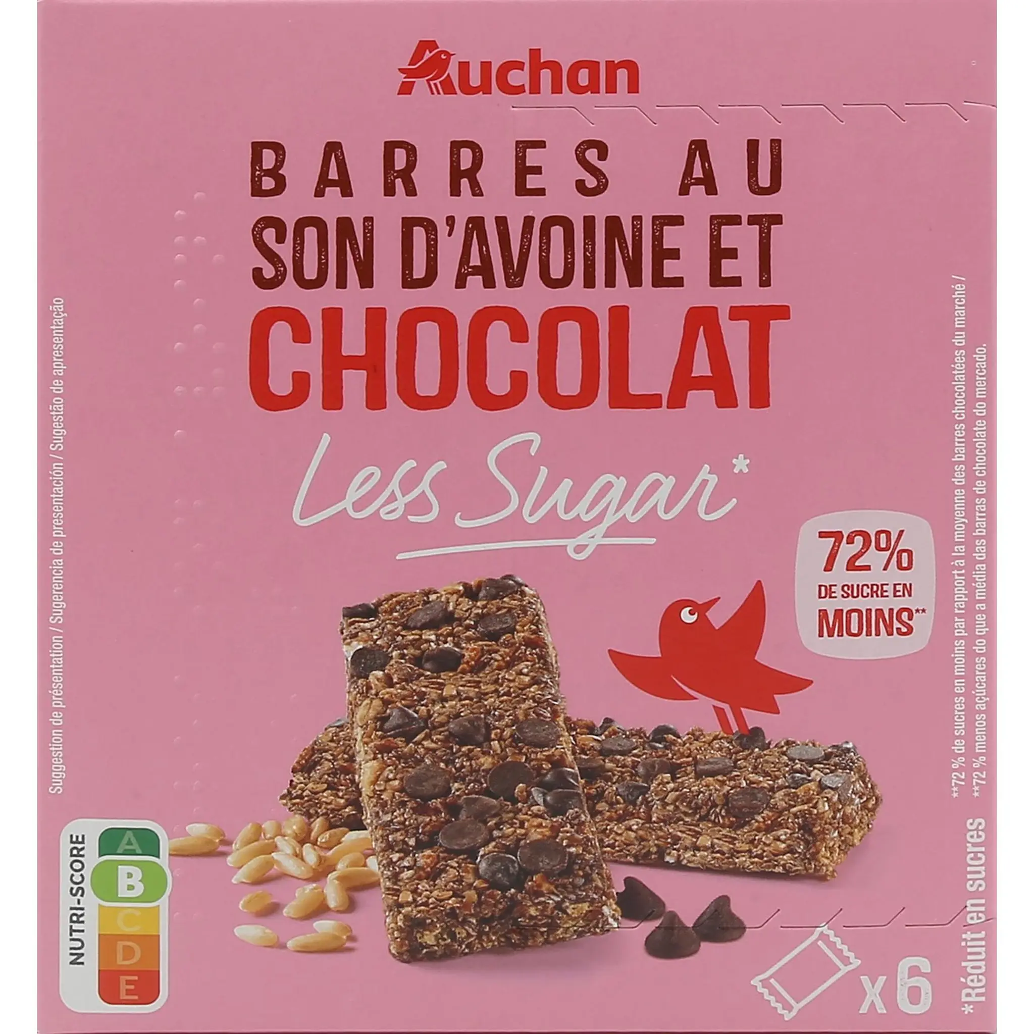 AUCHAN LESS SUGAR Barres au son d'avoine et chocolat