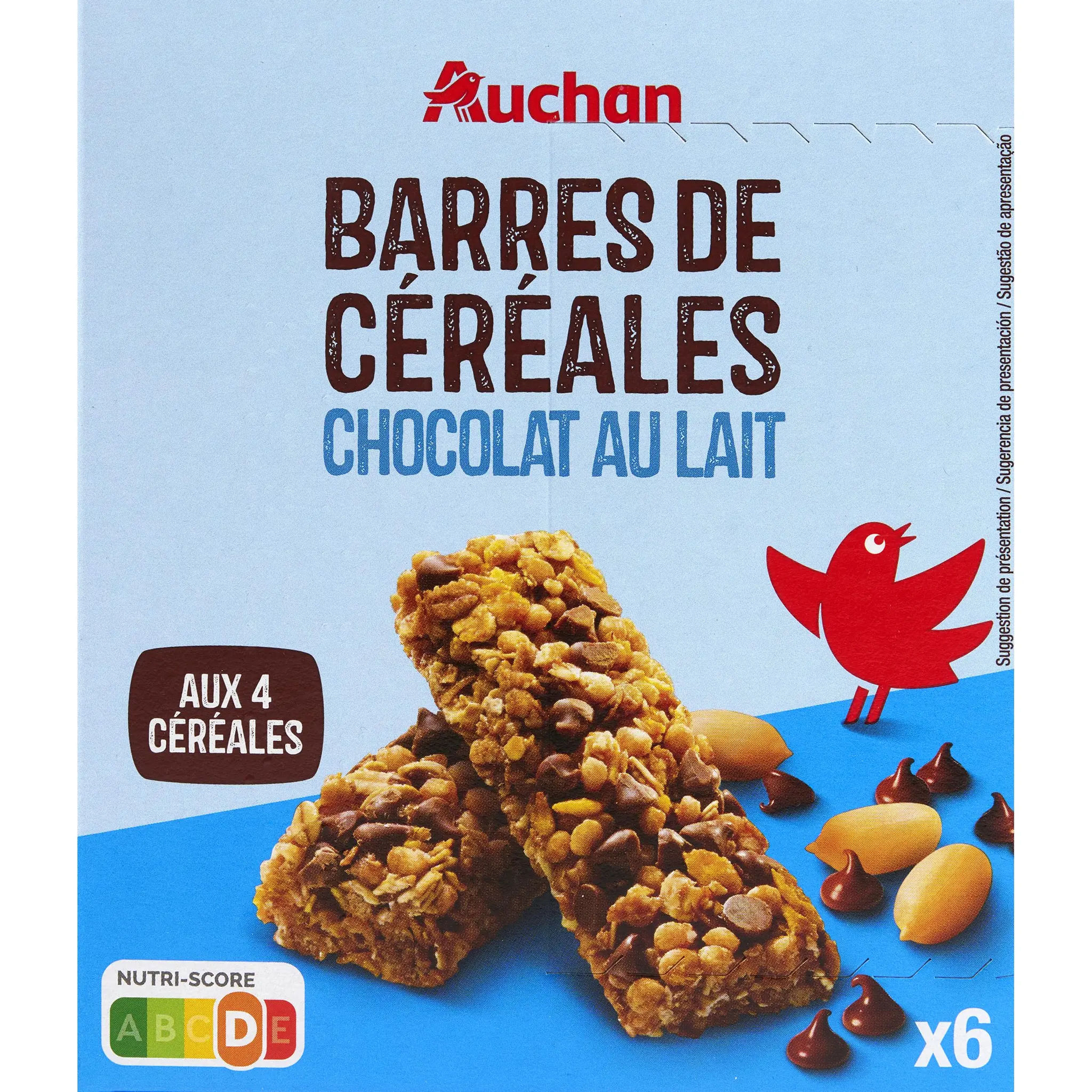 AUCHAN Barres de céréales chocolat au lait aux 4 céréales