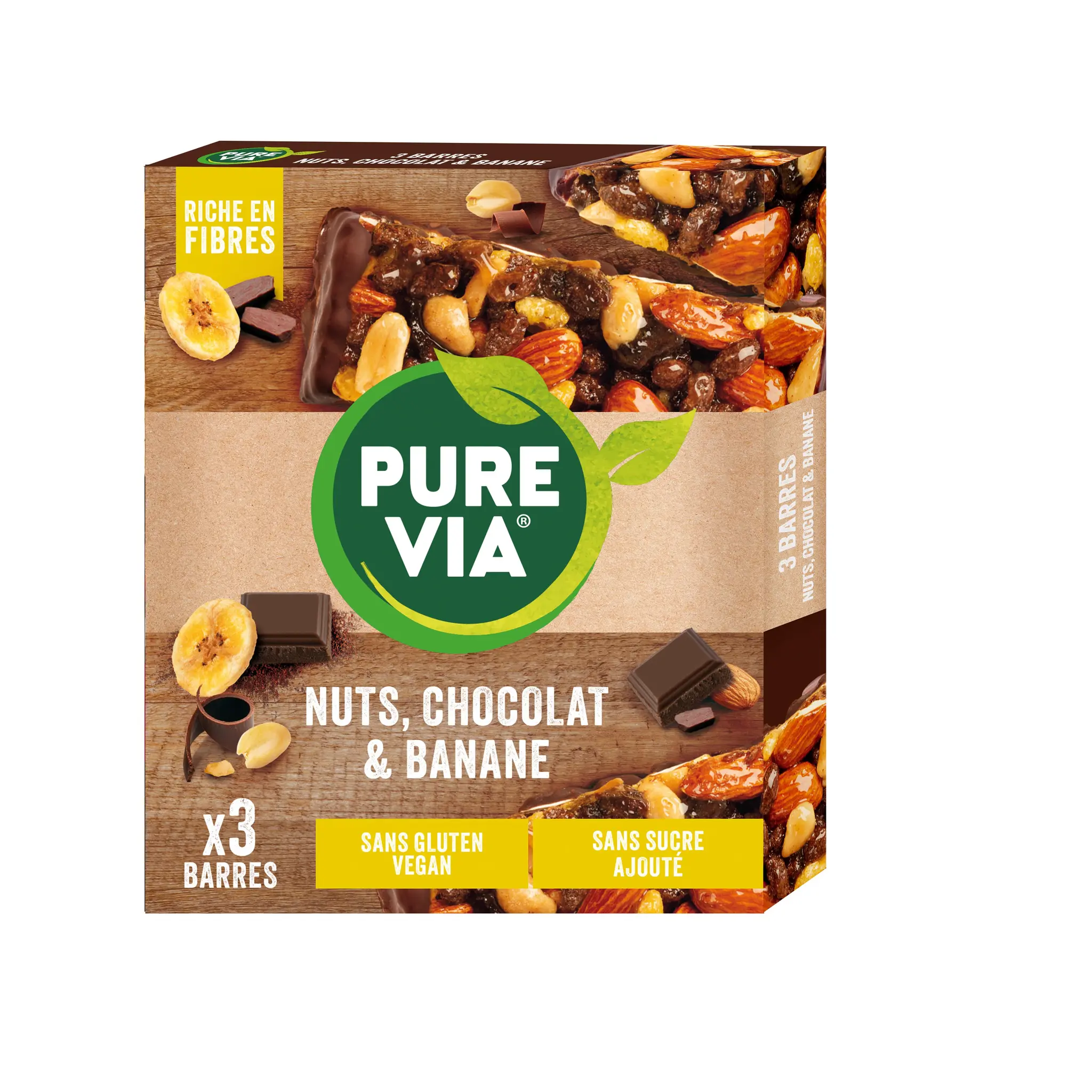 PURE VIA Barres de céréales aux noisettes chocolat et banane