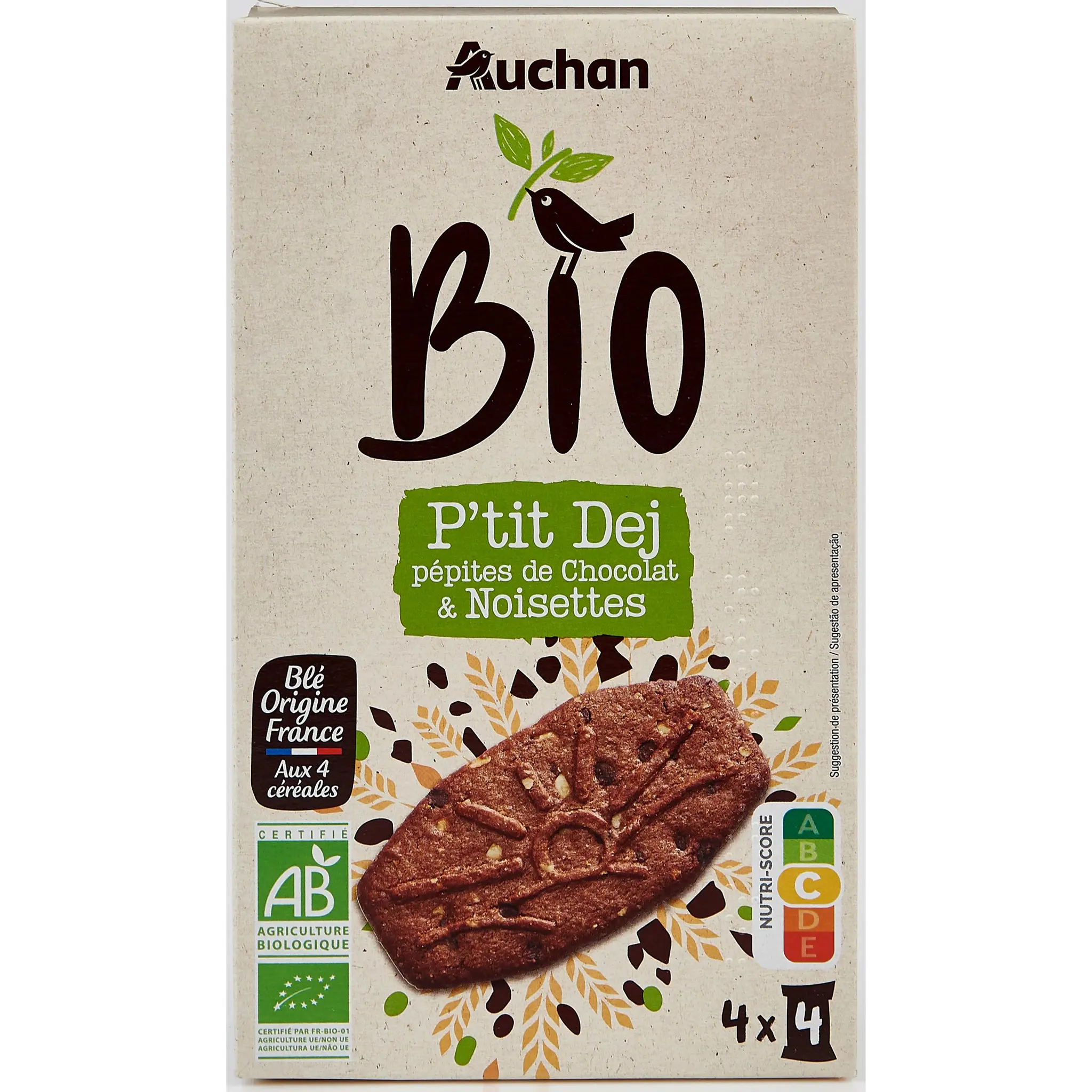 AUCHAN BIO Biscuits petit déjeuner pépites de chocolat et noisettes