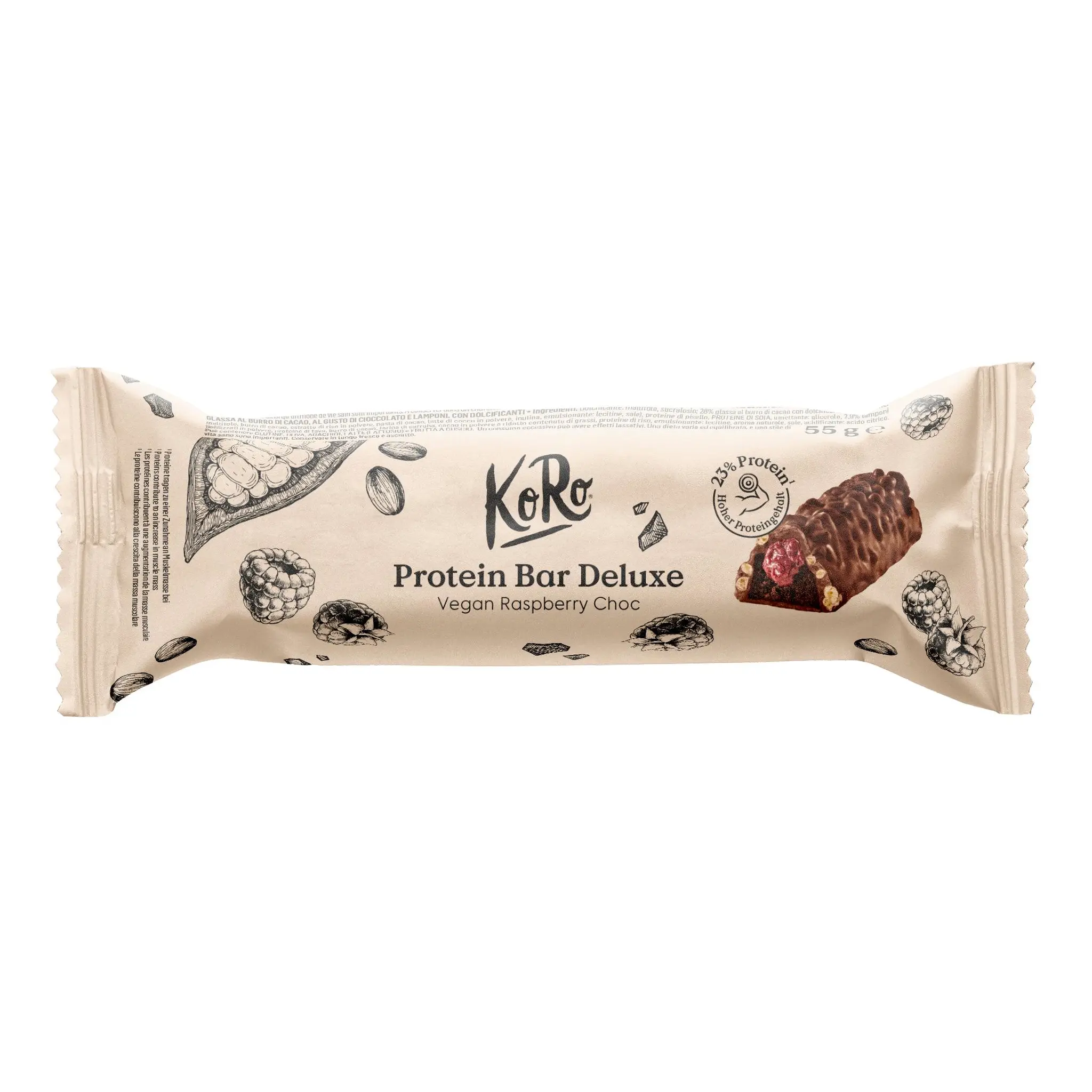 KORO Barre protéinée deluxe à la framboise et au chocolat vegan