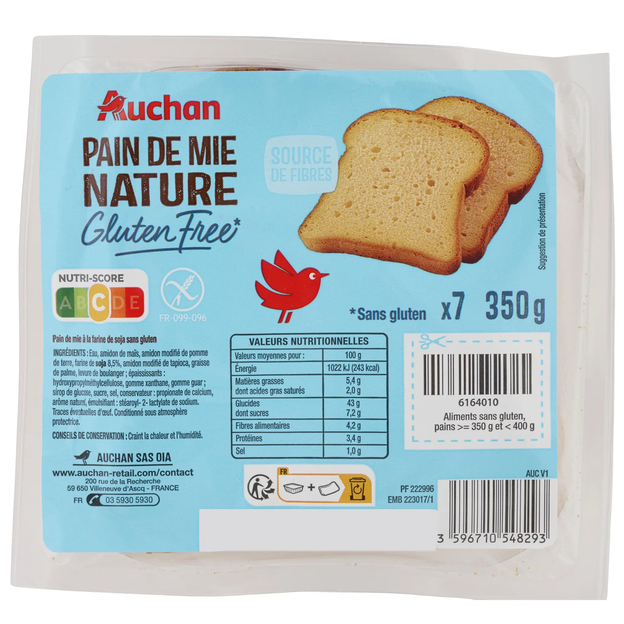 AUCHAN Pain de mie nature sans gluten