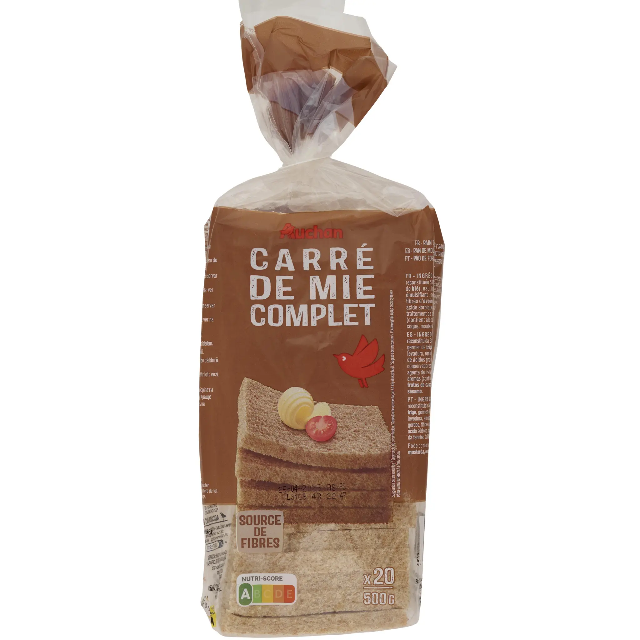 AUCHAN Pain de mie complet sans croûte sans huile de palme
