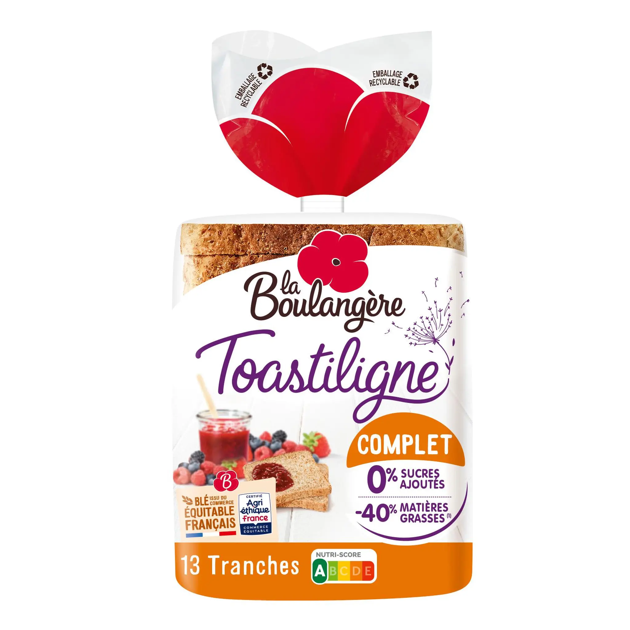 LA BOULANGERE Toastilign à la farine complète 0% de sucres ajoutés -40% MG