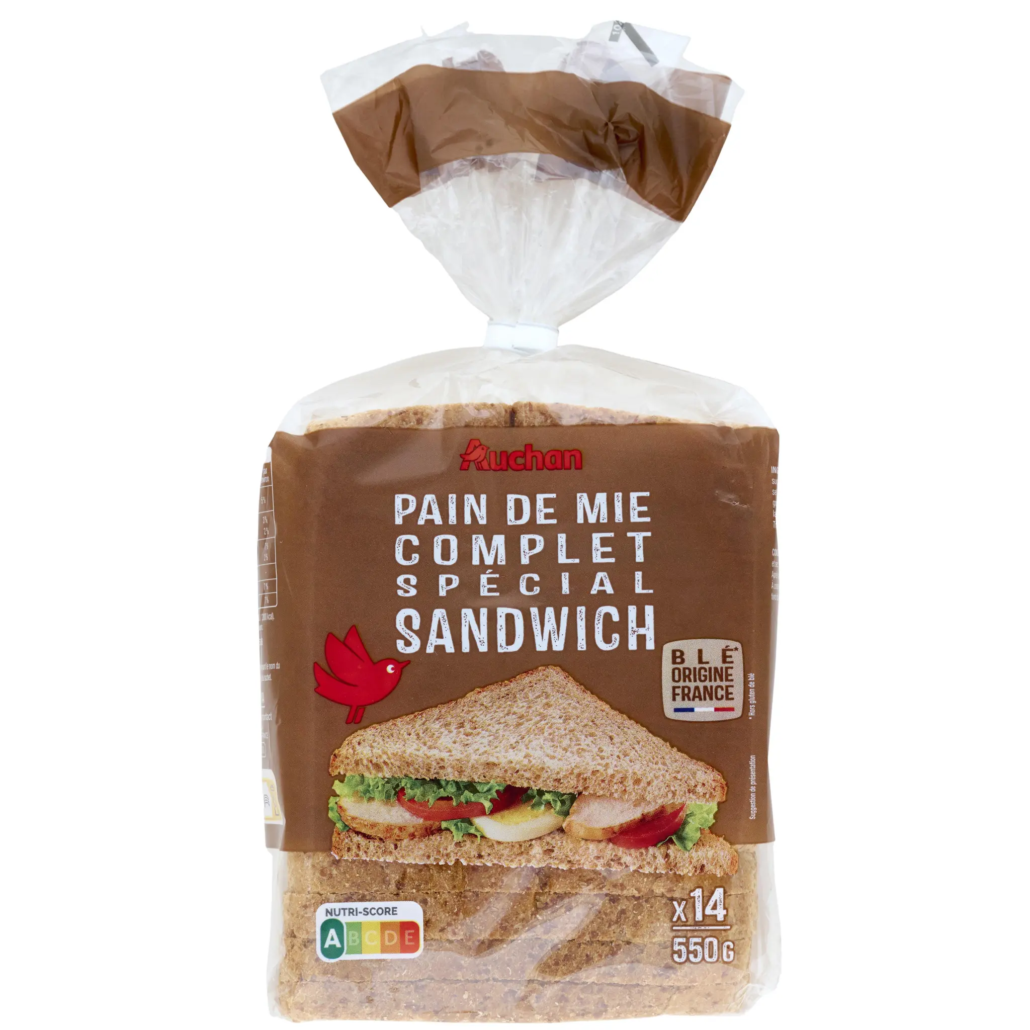 AUCHAN Pain de mie complet grandes tranches spécial sandwich