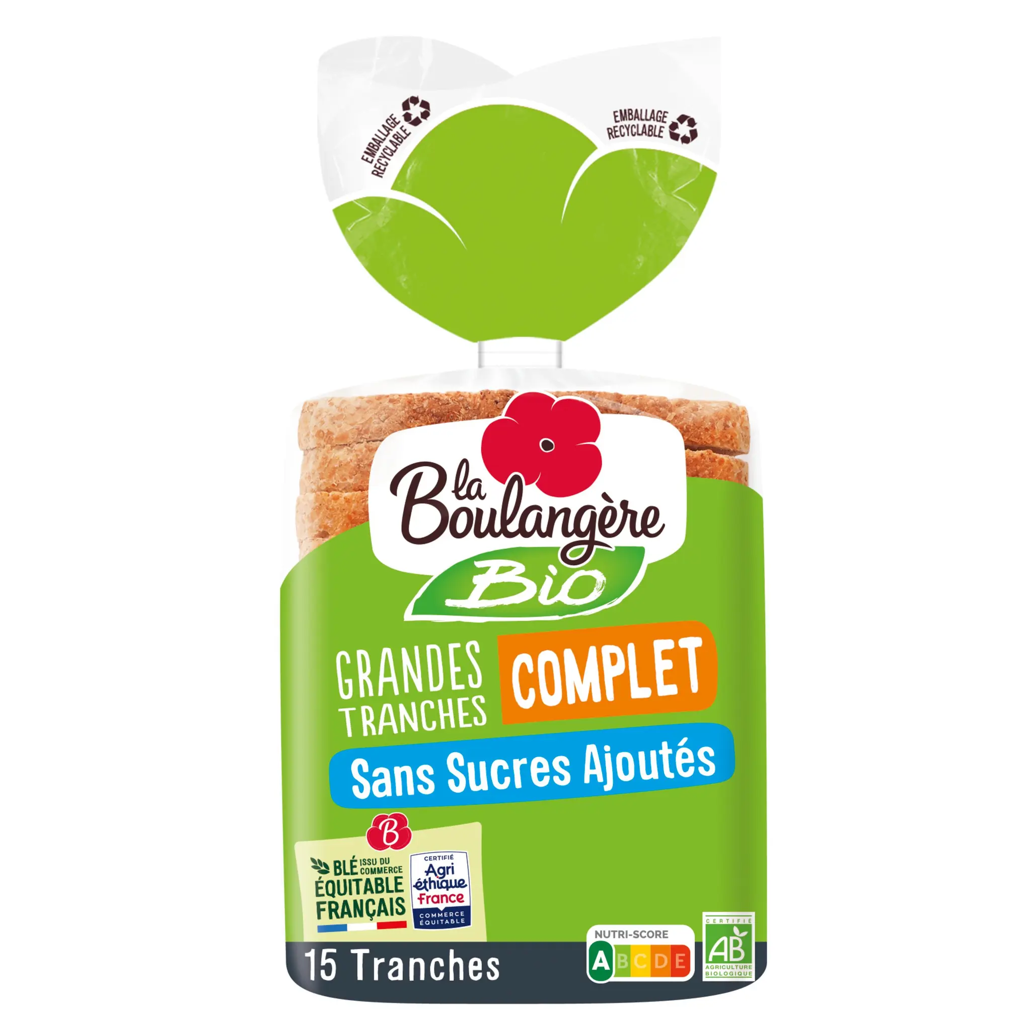 LA BOULANGERE Pain de mie complet grandes tranches avec croûte sans sucres ajoutés bio