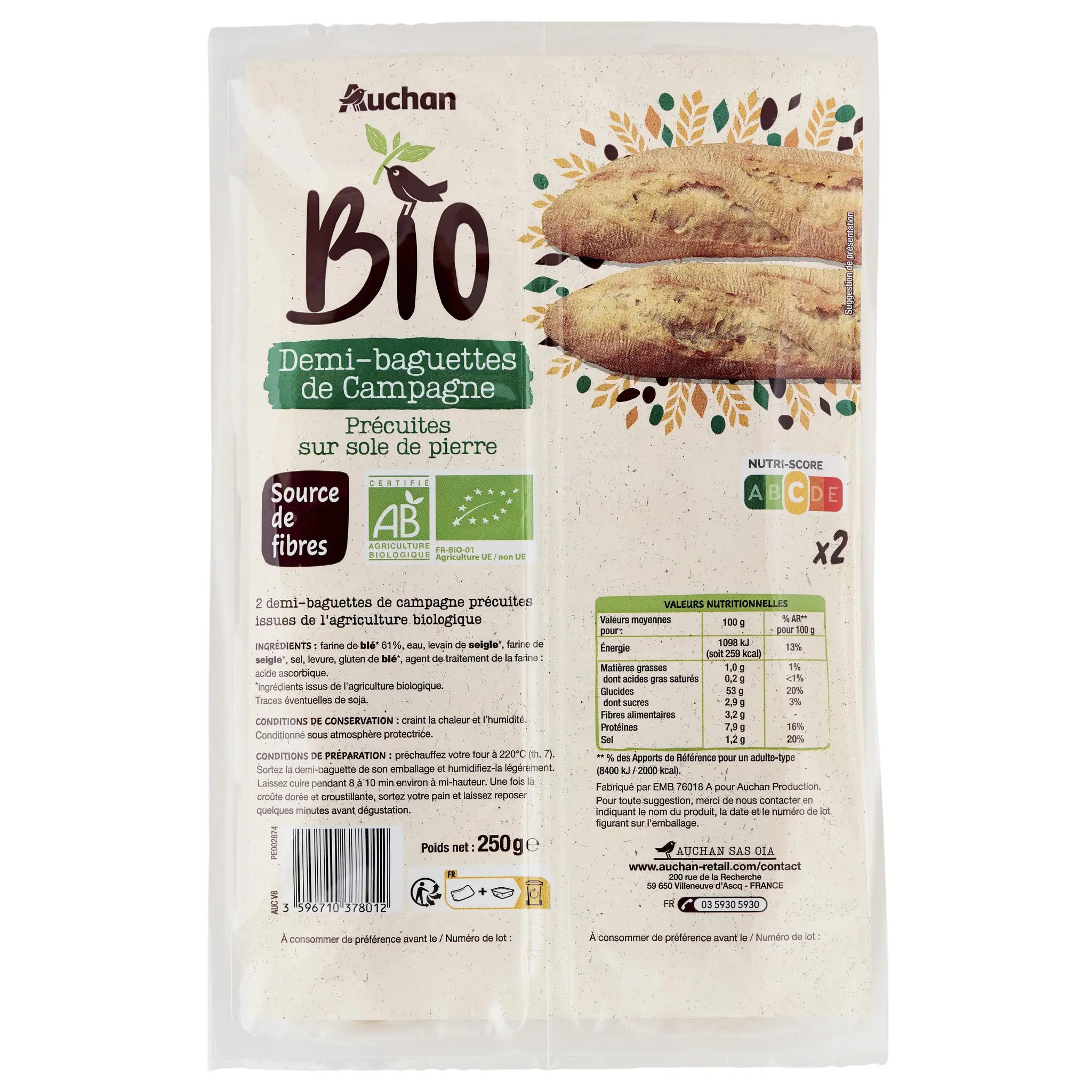 AUCHAN BIO Demi-baguettes de campagne précuites sur sole de pierre