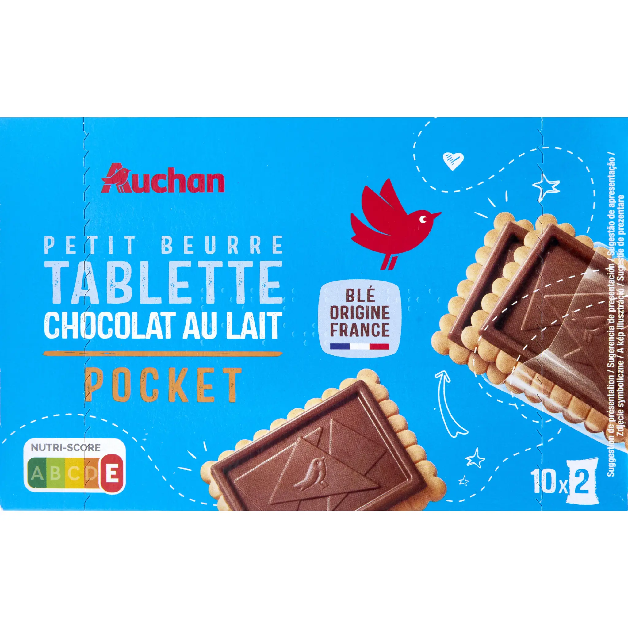 AUCHAN Pocket Biscuits petit beurre avec tablette chocolat au lait sachets fraîcheur