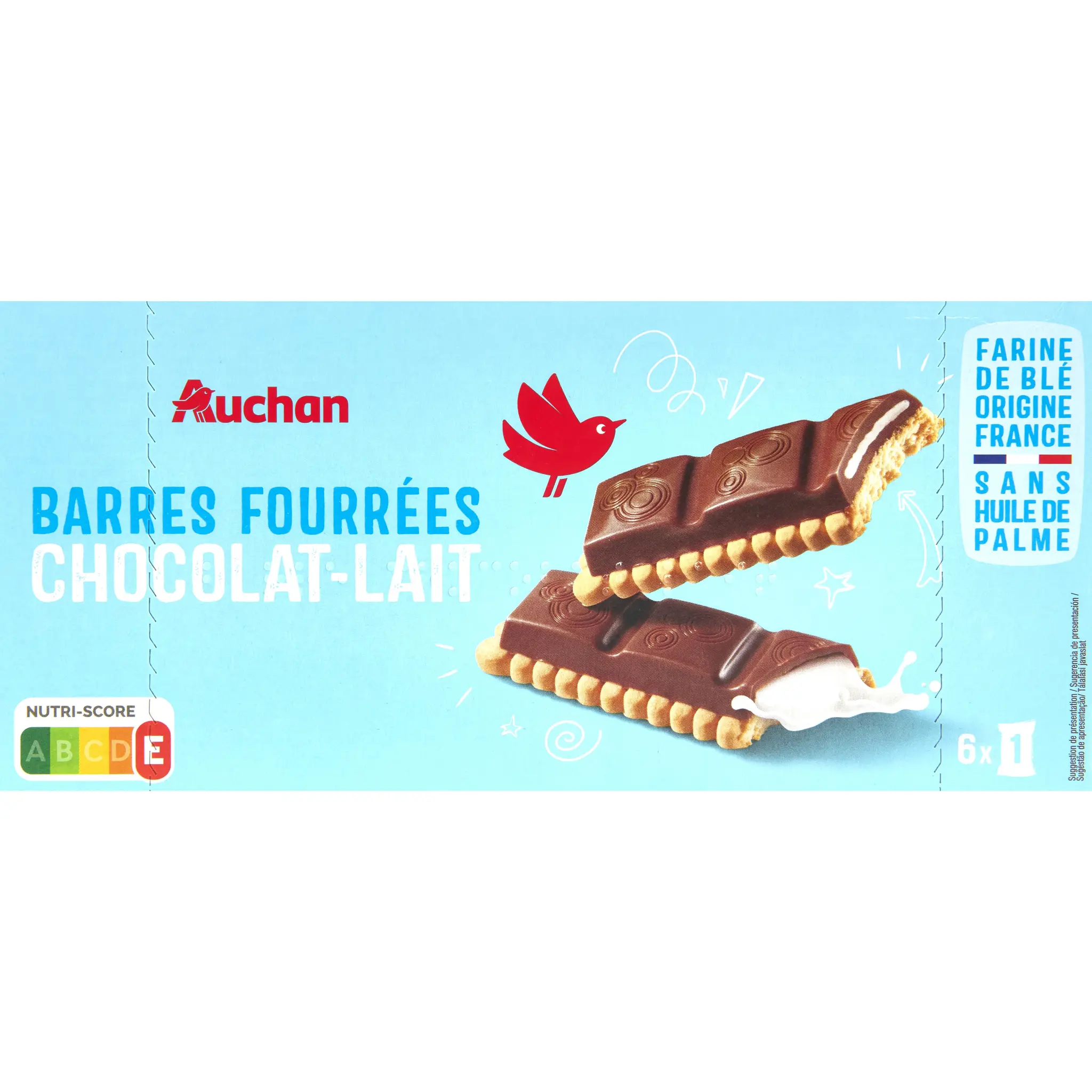 AUCHAN Biscuits barres fourrées au chocolat sachets individuels