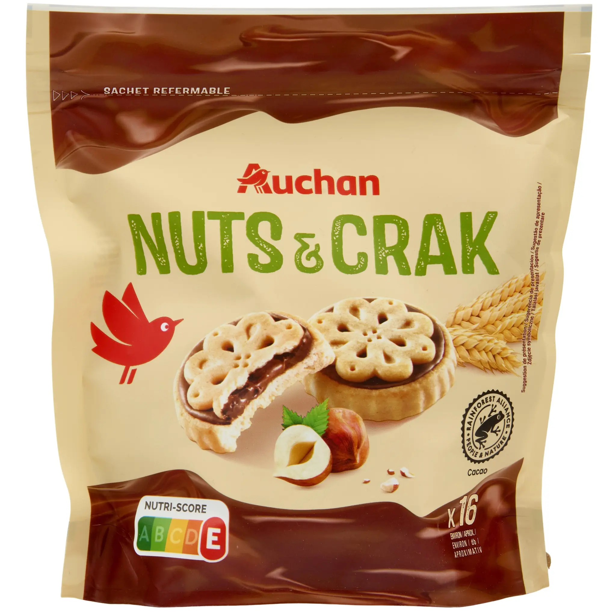 AUCHAN Mon goûter Biscuits fourrés à la pâte à tartiner noisettes
