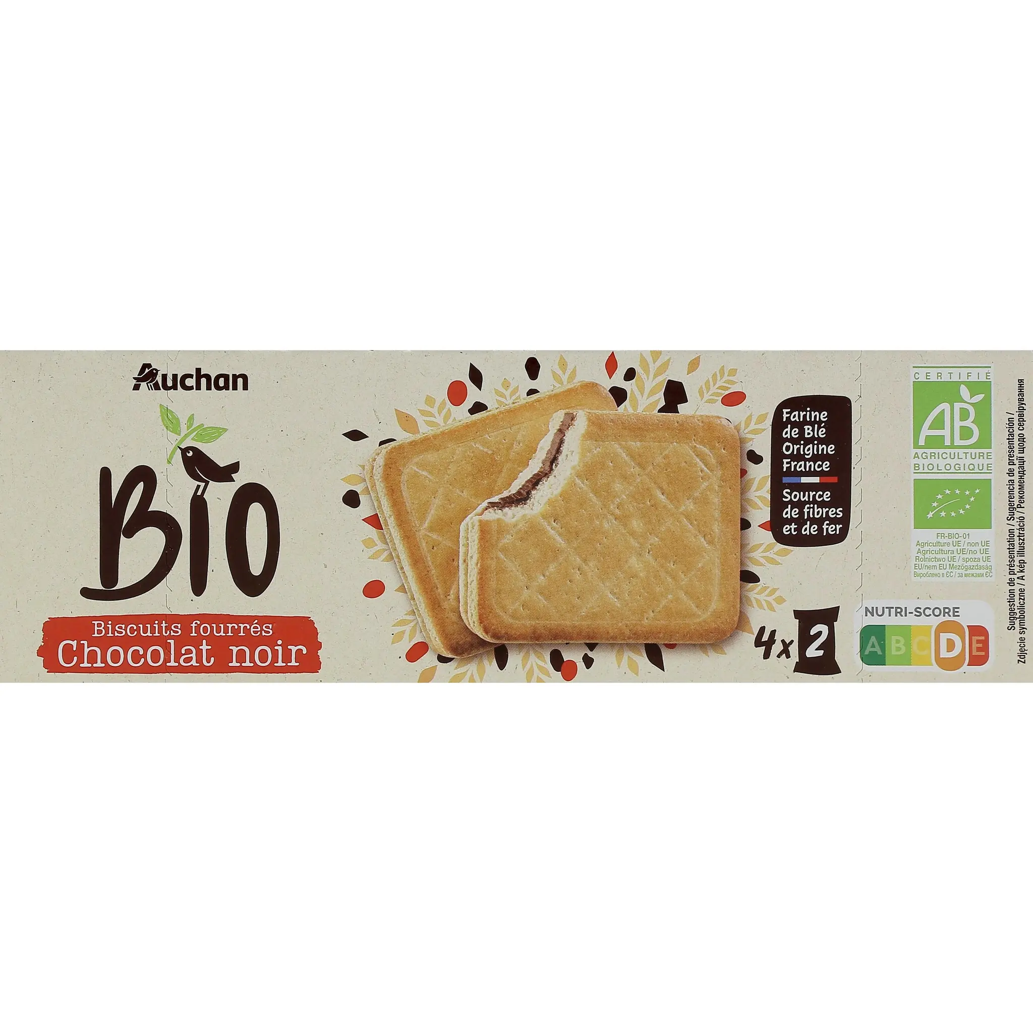 AUCHAN BIO Biscuits fourrés bio au chocolat noir