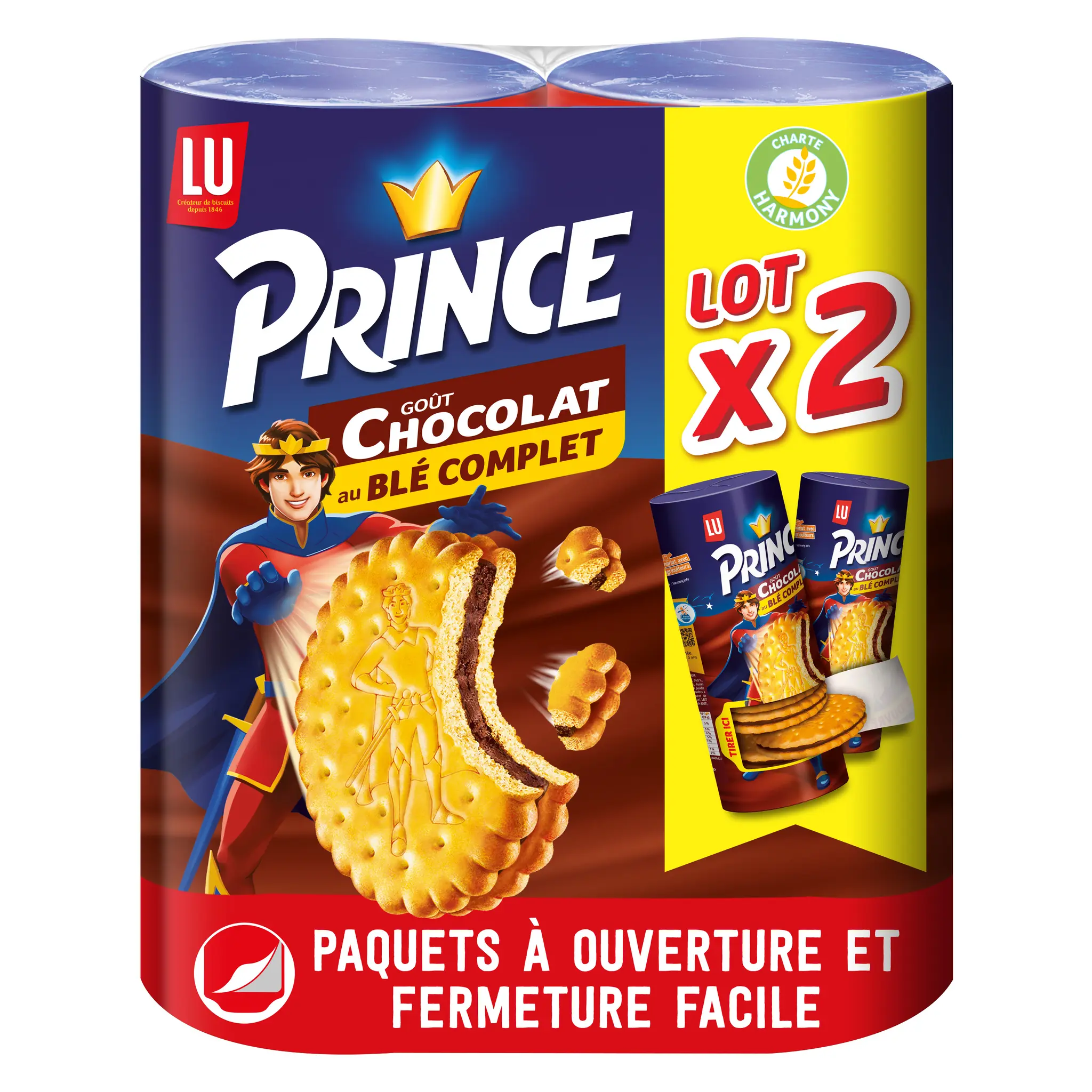 PRINCE Biscuits fourrés goût chocolat au blé complet ouverture facile