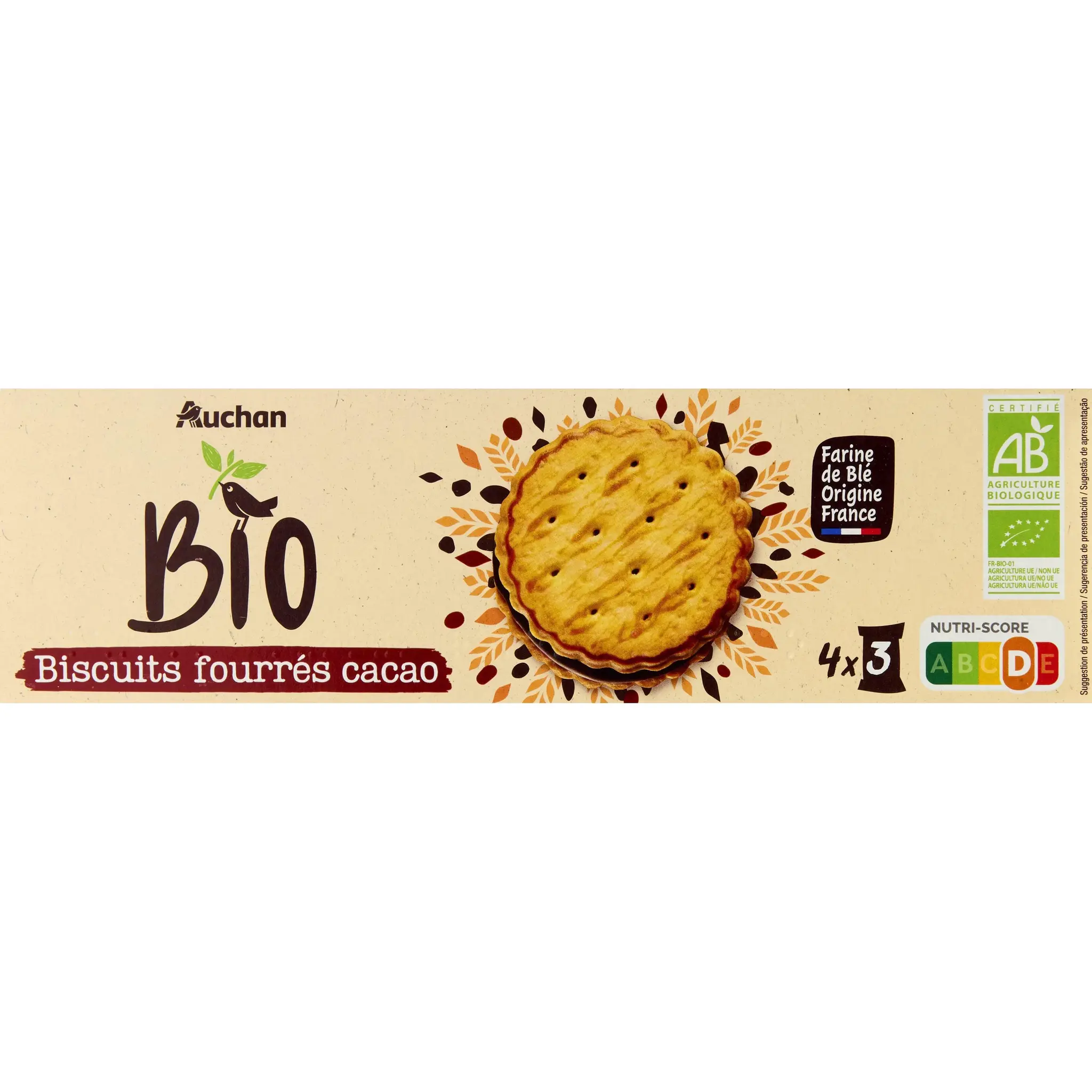 AUCHAN BIO Biscuits goûters fourrés au cacao sachets fraîcheur