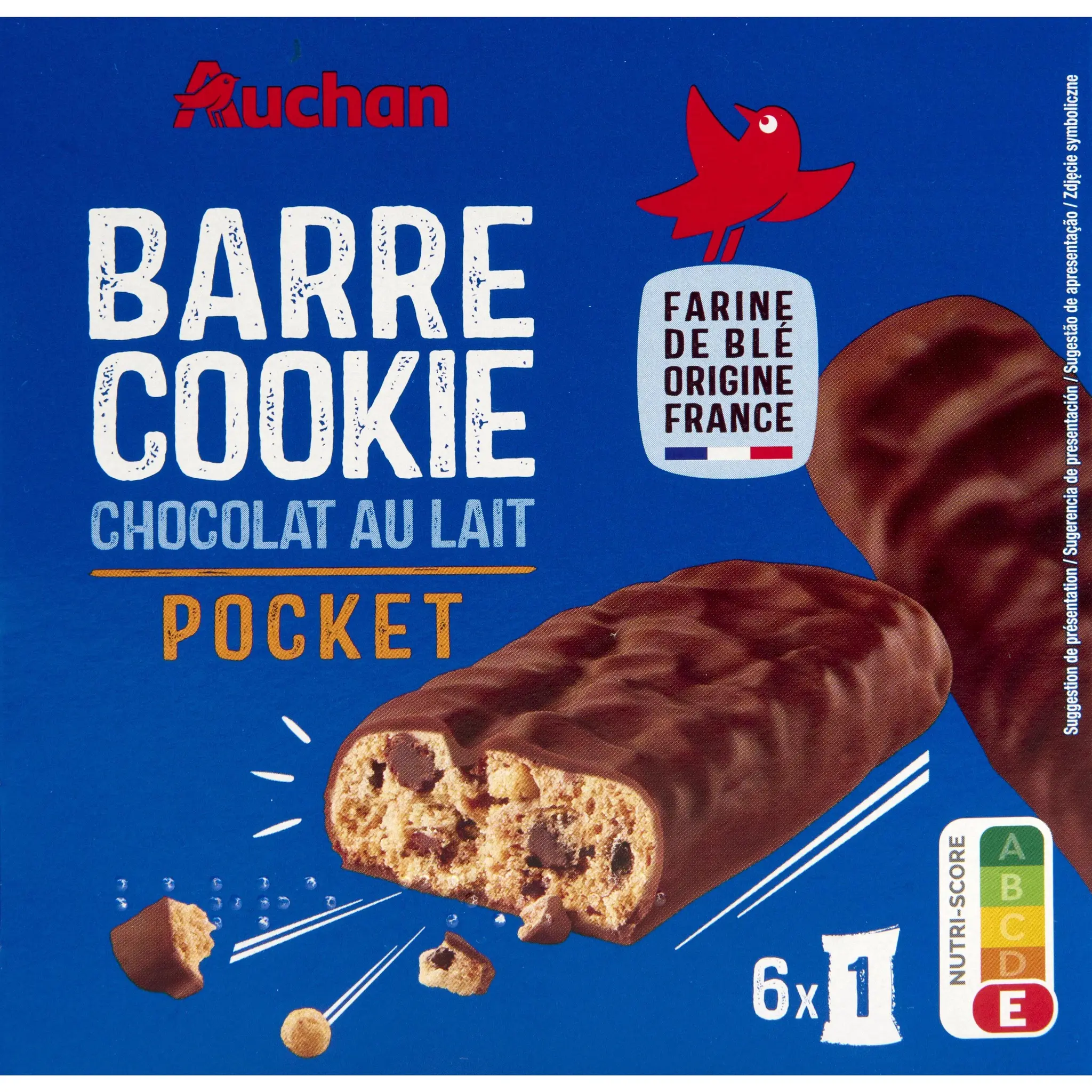 AUCHAN Barre cookie biscuits au chocolat au lait sachets individuels