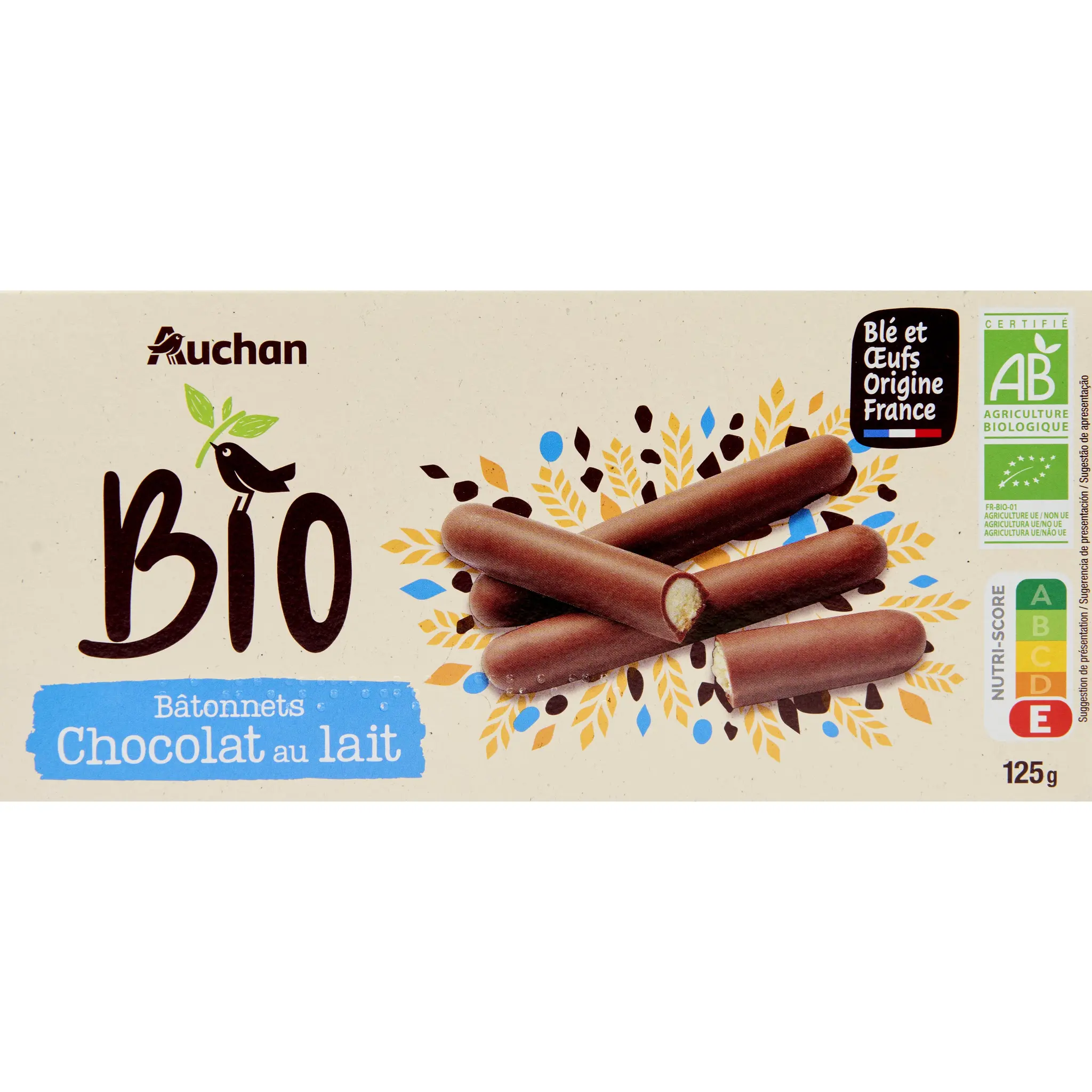 AUCHAN BIO Bâtonnets nappés de chocolat au lait