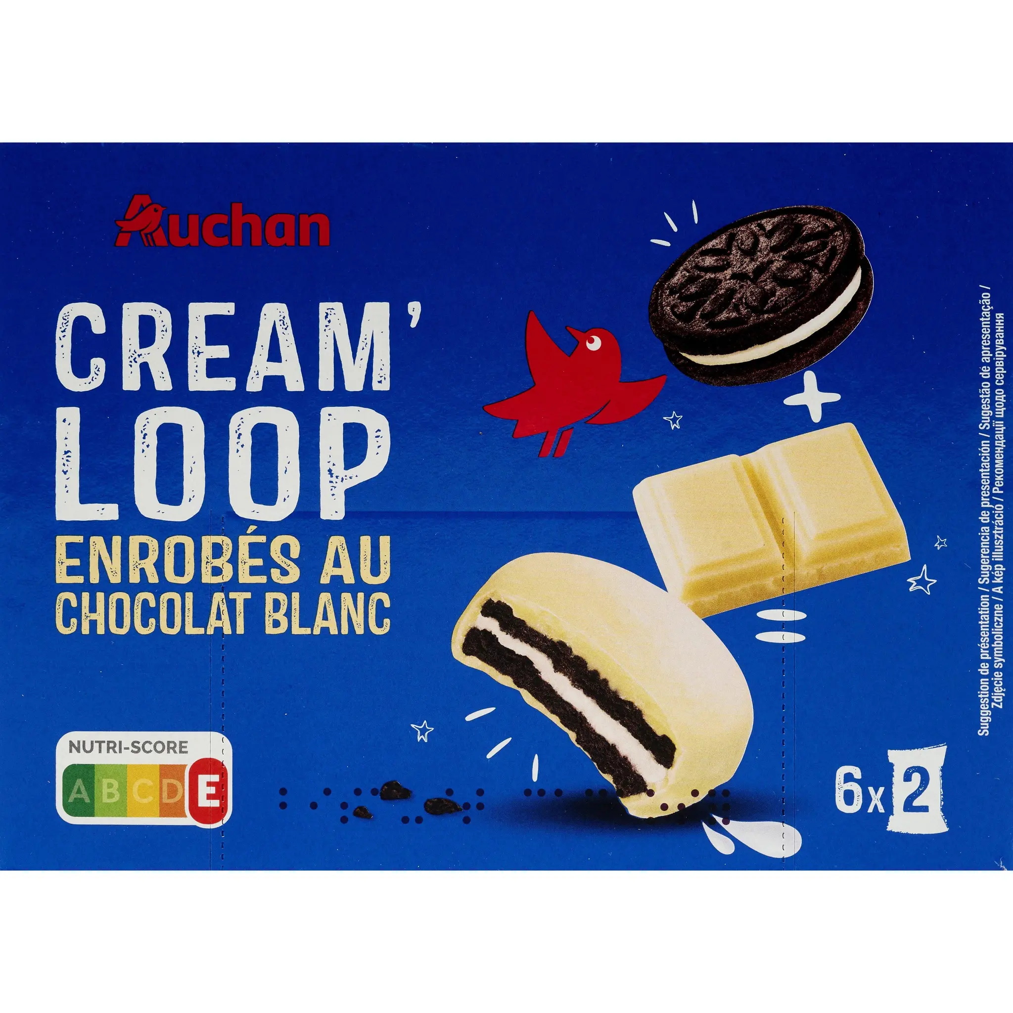 AUCHAN Cream Loop Biscuits fourrés enrobés de chocolat blanc sachets fraîcheur