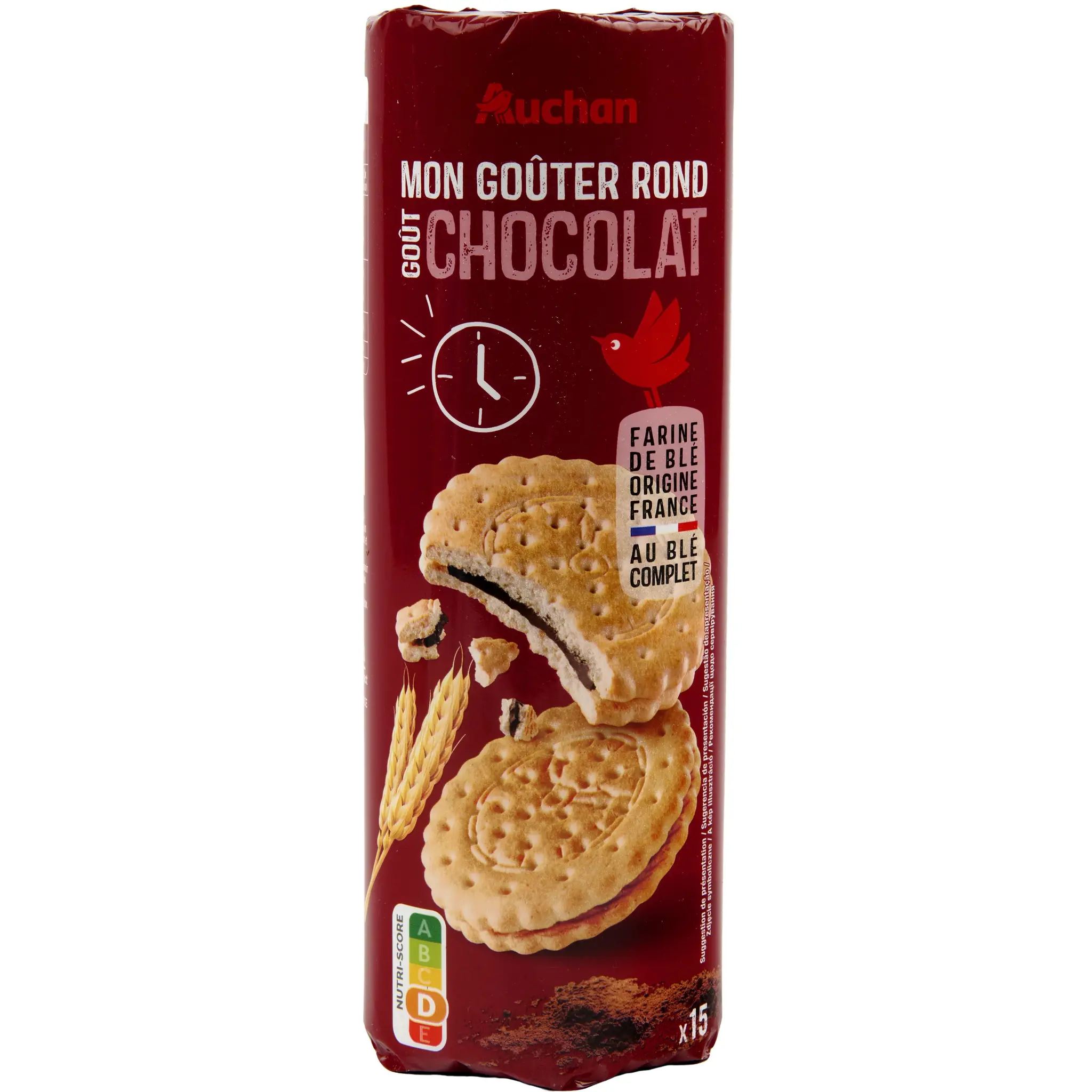 AUCHAN Biscuits ronds fourrés au chocolat au blé complet