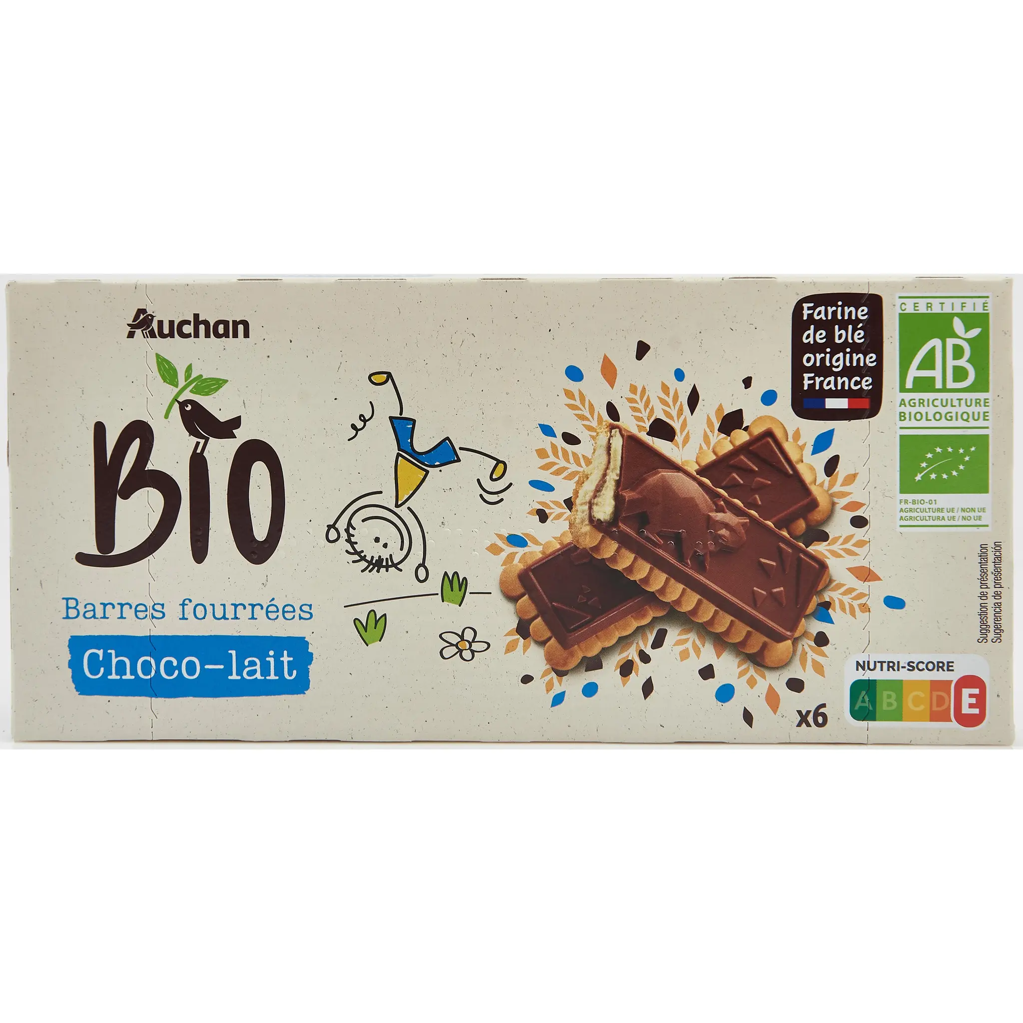 AUCHAN BIO Barres au chocolat fourrées au lait