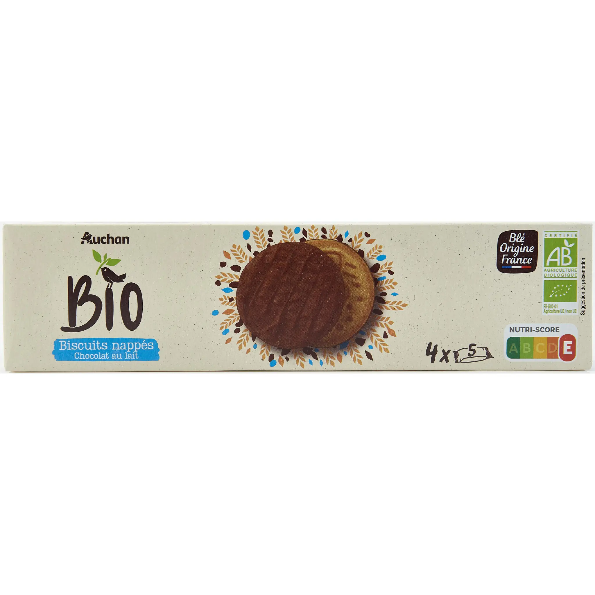 AUCHAN BIO Biscuits nappés au chocolat au lait sachets fraîcheur