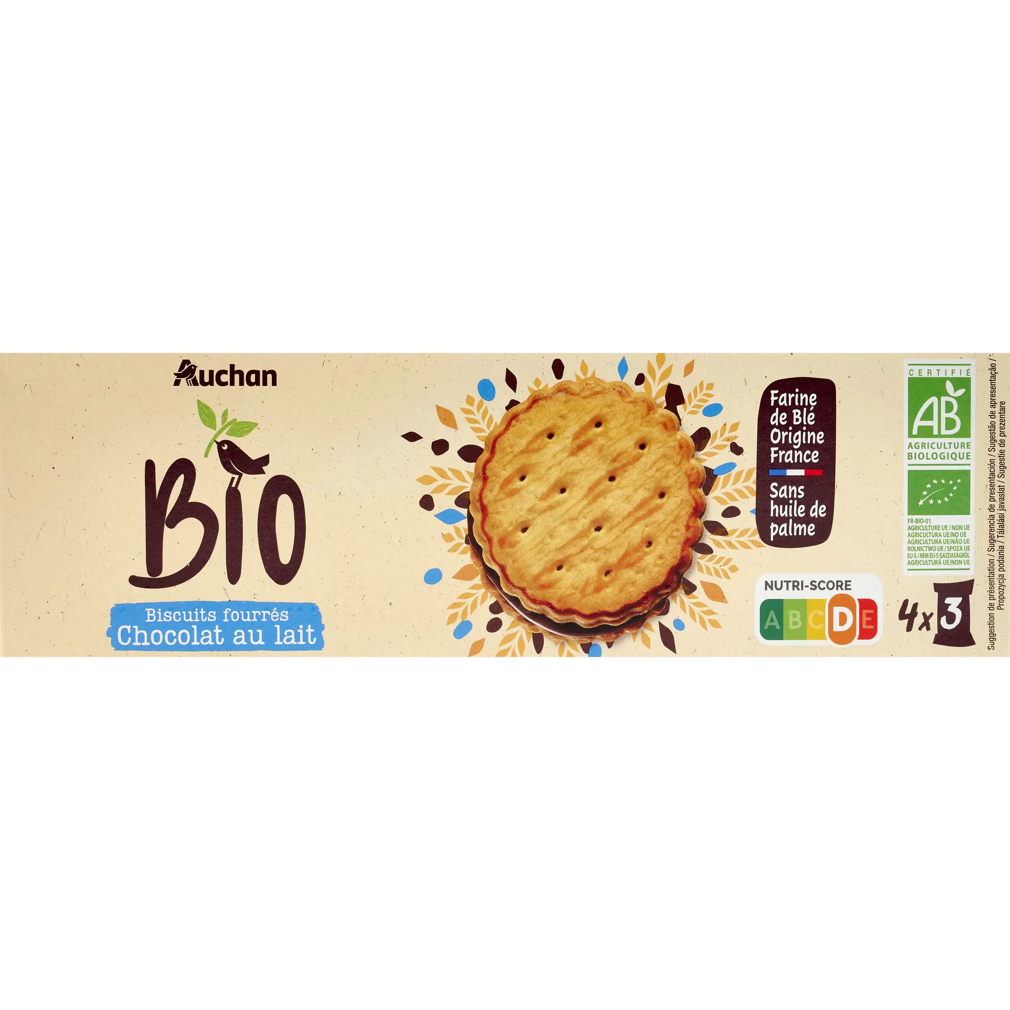 AUCHAN BIO Biscuits fourrés au chocolat au lait sachets fraîcheur