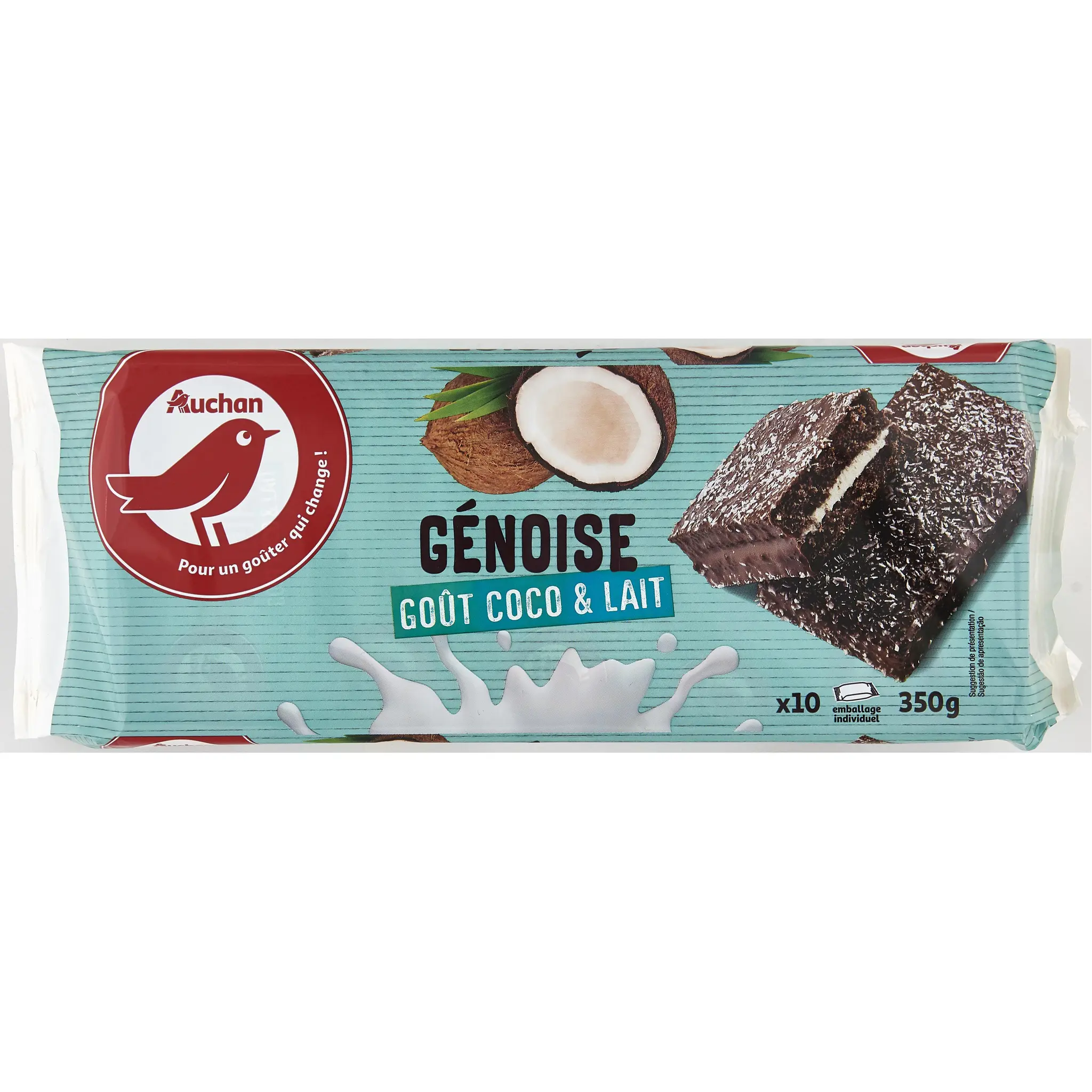 AUCHAN Génoise lait et coco, sachets individuels