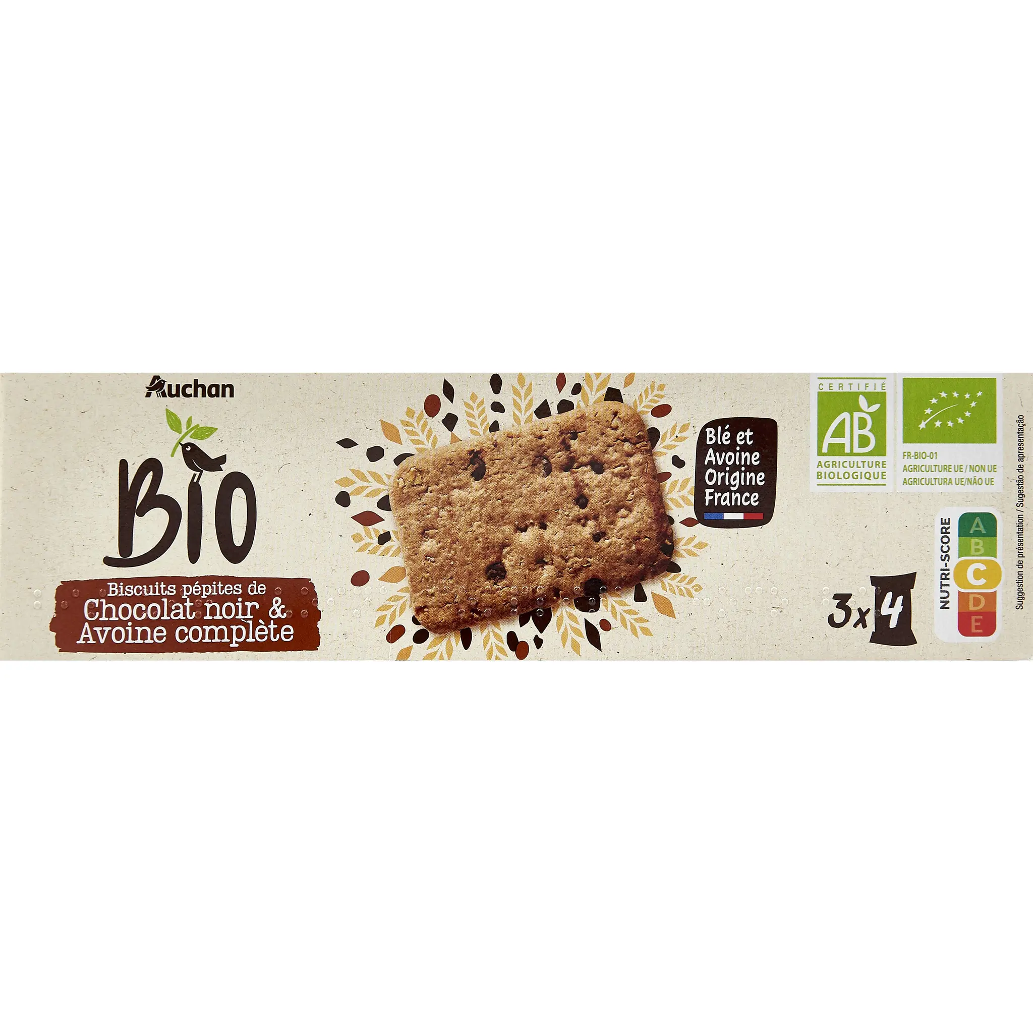 AUCHAN BIO Biscuits pépites de chocolat noir et avoine complète