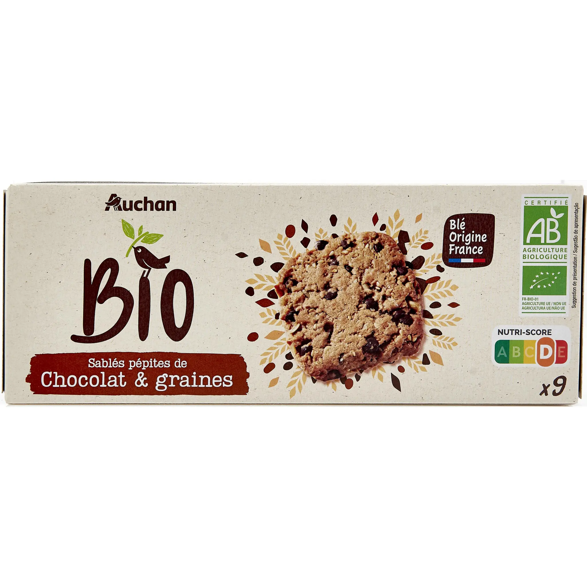 AUCHAN BIO Sablés pépites de chocolat et graines