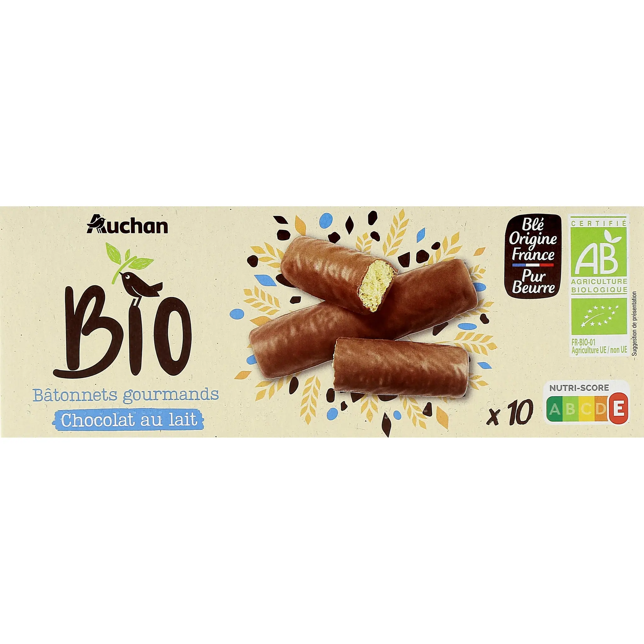 AUCHAN BIO Bâtonnets gourmands au chocolat au lait