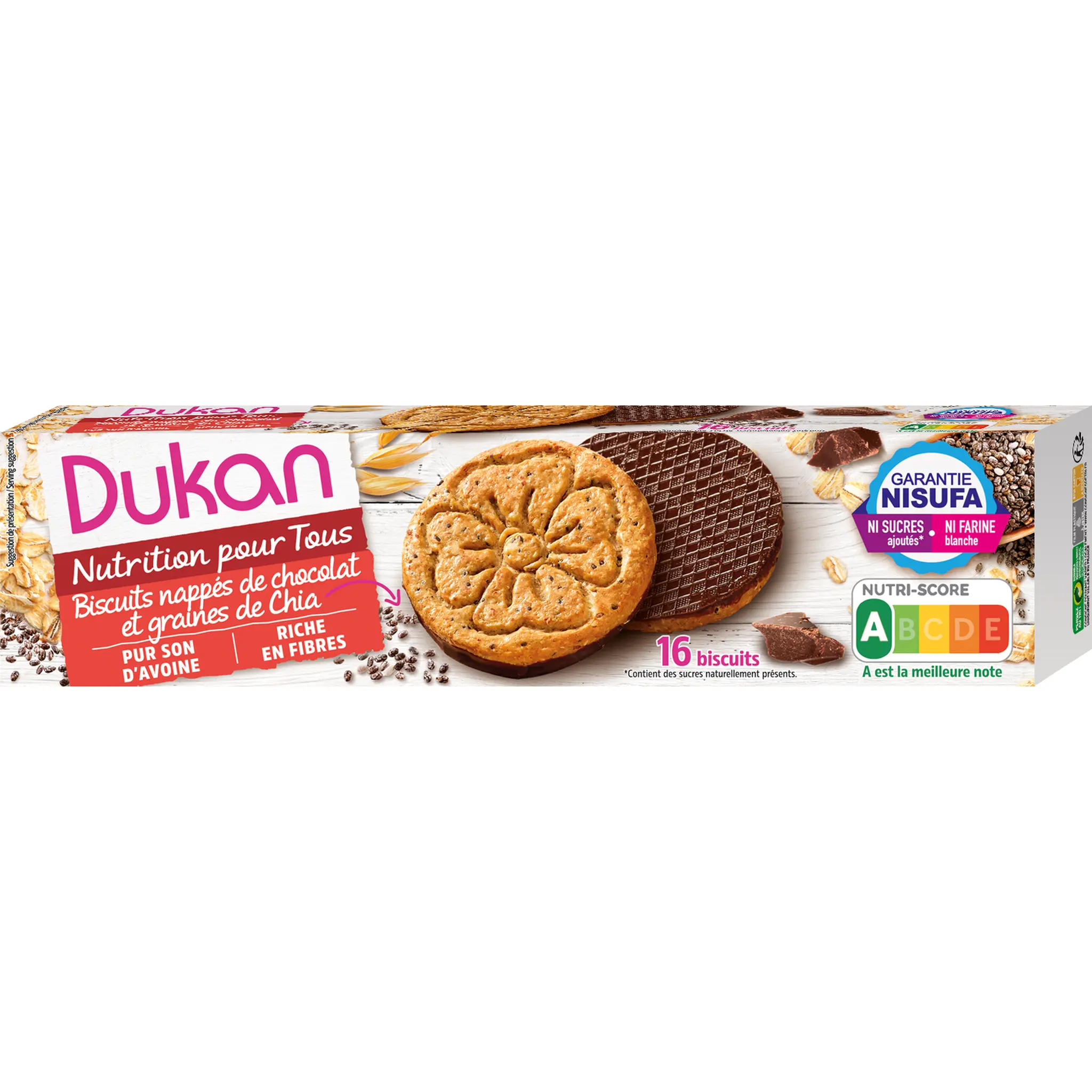 DUKAN Biscuits son d'avoine nappés de chocolat et graines de chia