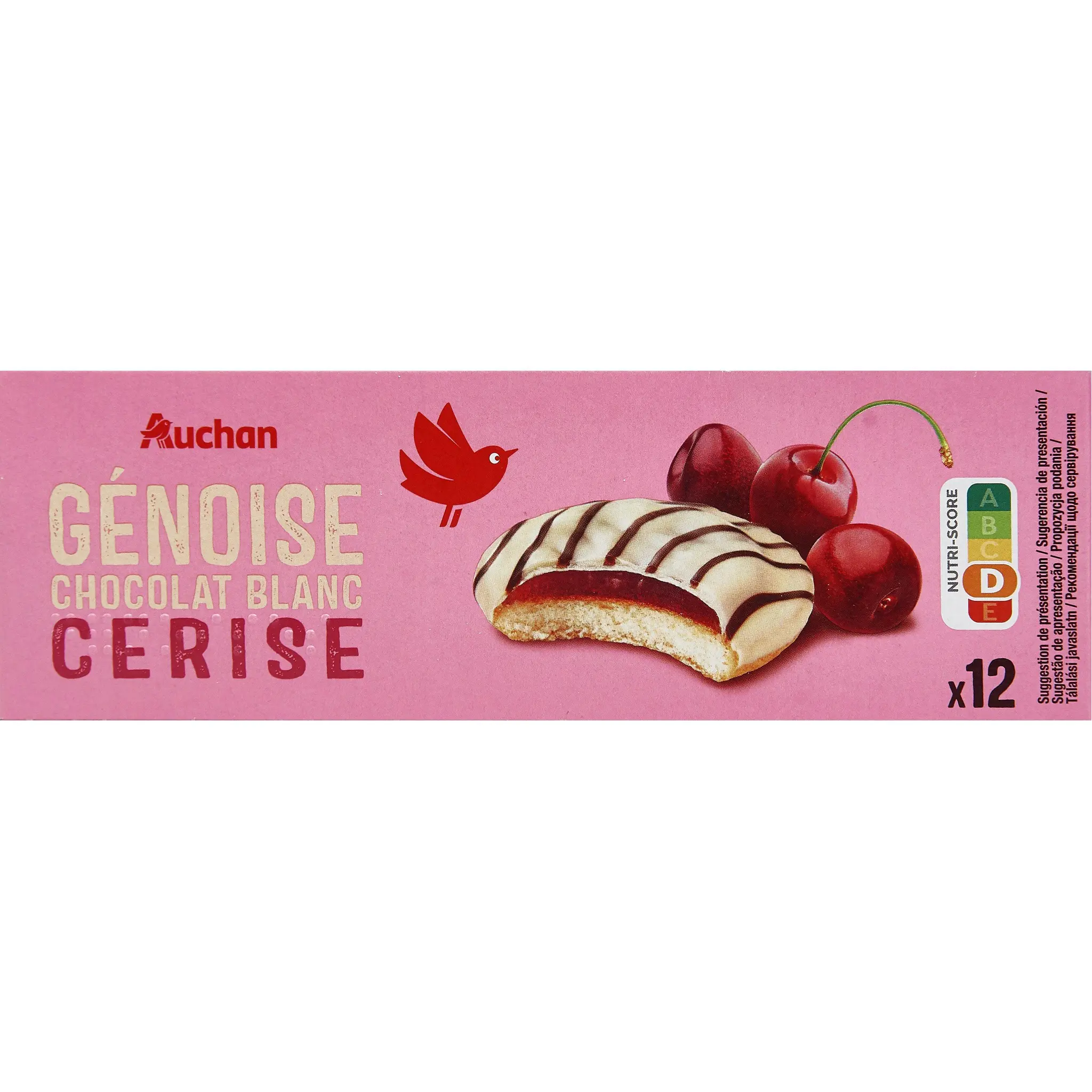 AUCHAN Génoises nappées de chocolat blanc saveur cerise