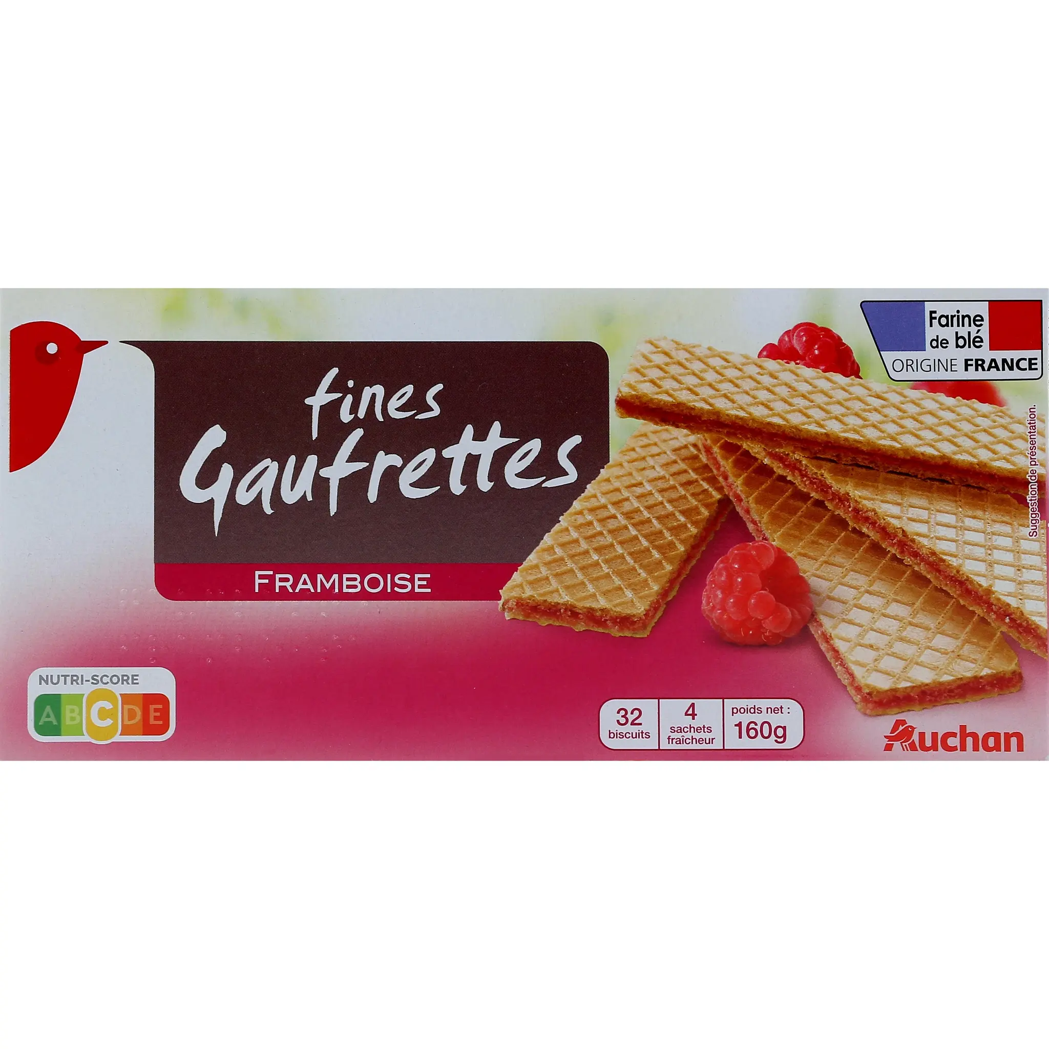 AUCHAN Fines gaufrettes saveur framboise sachets fraîcheur