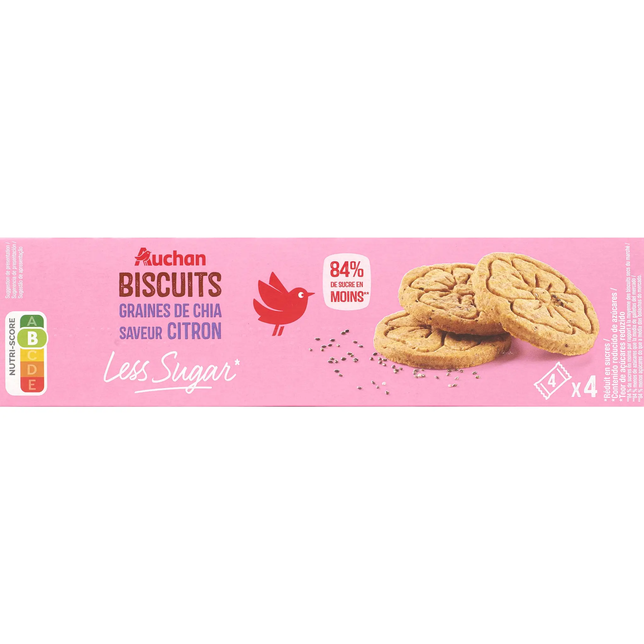 AUCHAN LESS SUGAR Biscuits graines de chia saveur citron sachets fraîcheur