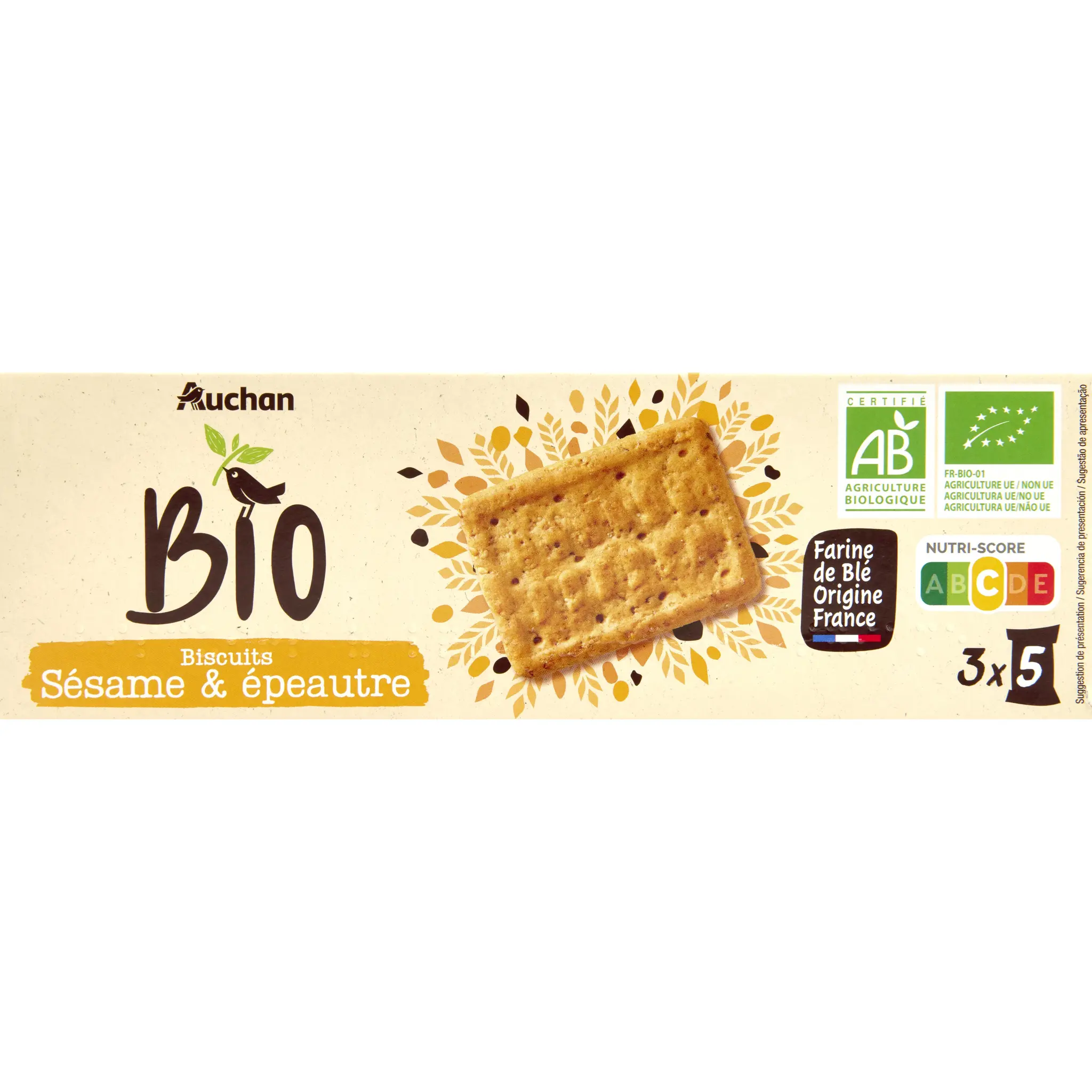 AUCHAN BIO CULTIVONS LE BON Biscuits épeautre sésame, sachets fraîcheur