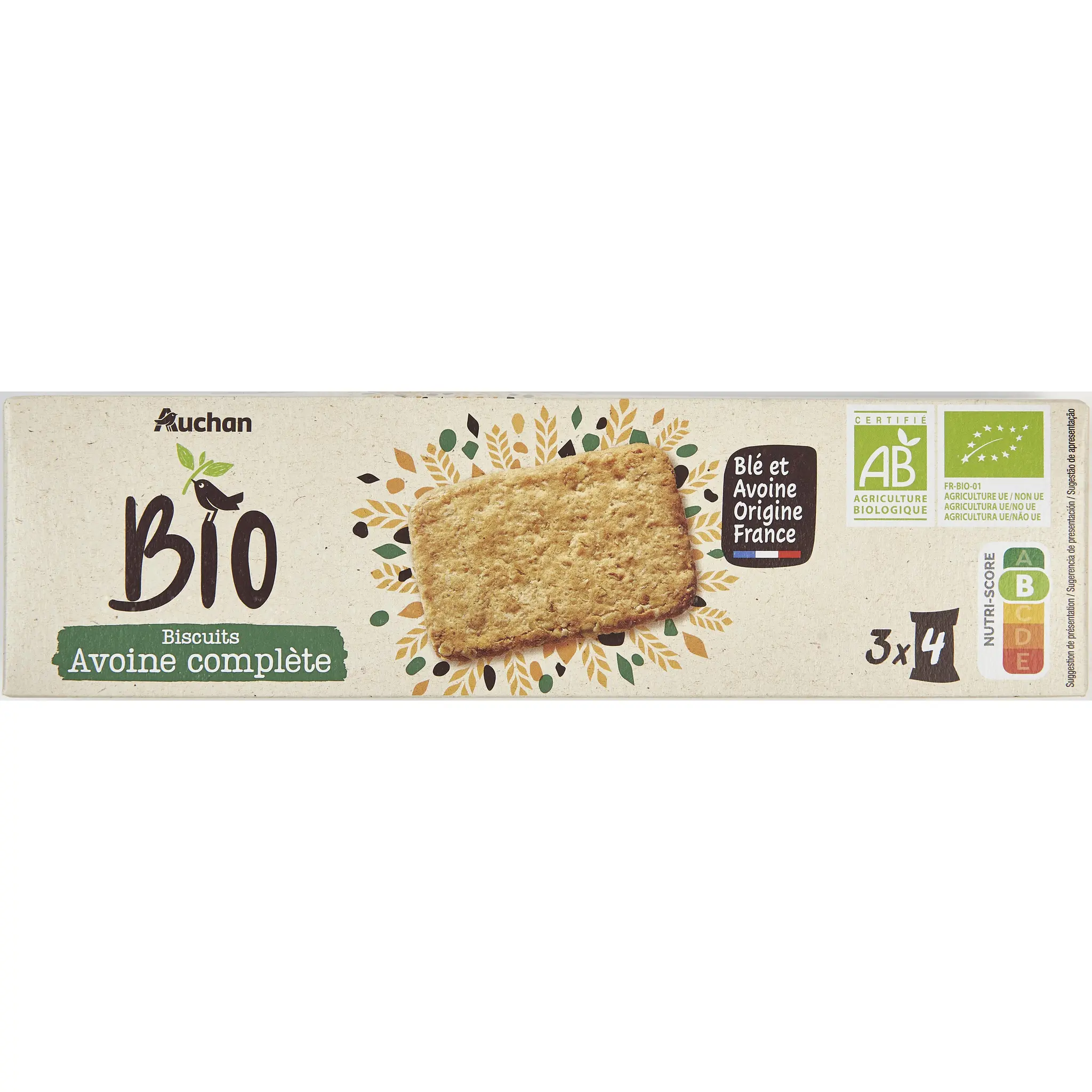 AUCHAN BIO Biscuits à l'avoine complète sachets fraîcheur