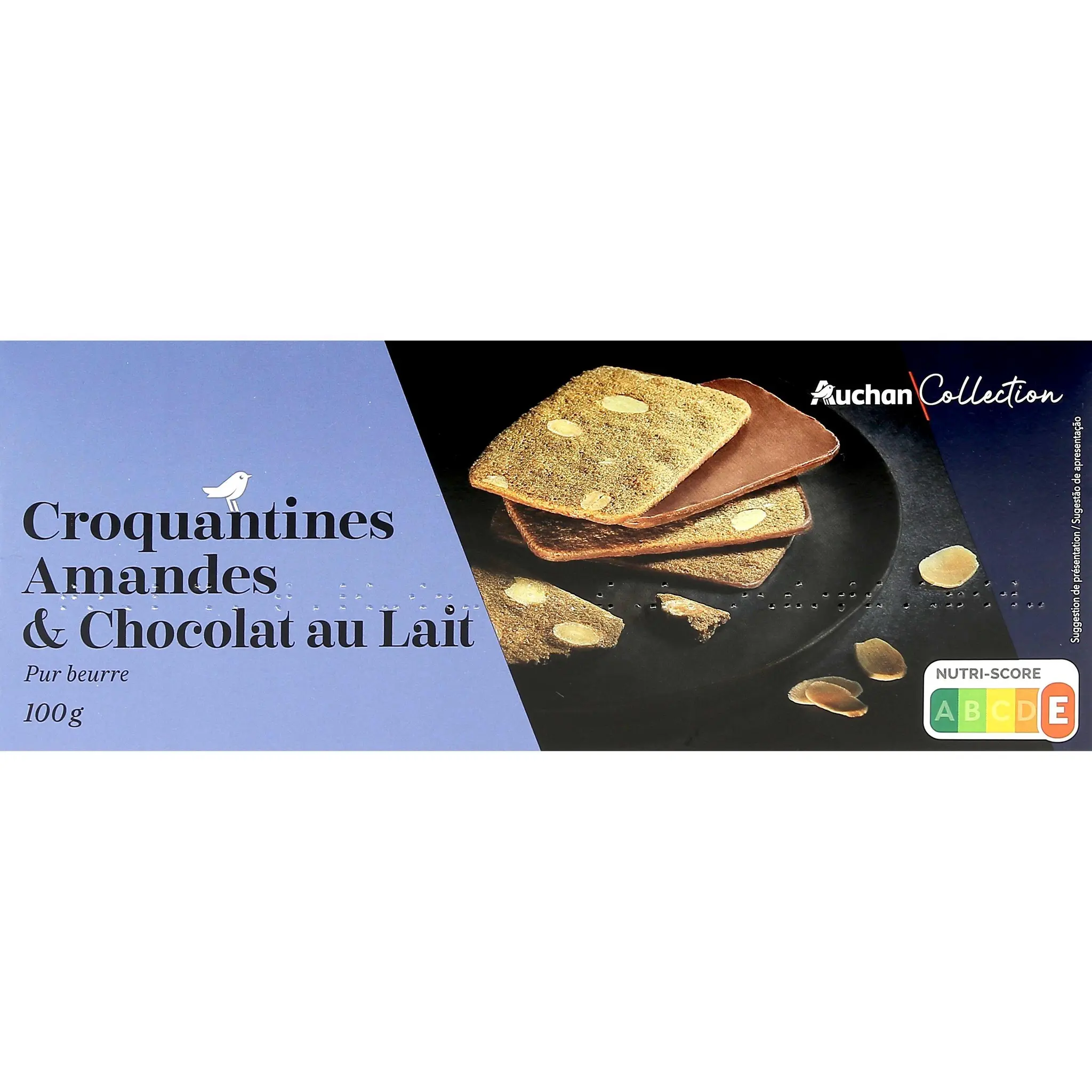 AUCHAN COLLECTION Biscuits croquantines pur beurre aux amandes et chocolat au lait