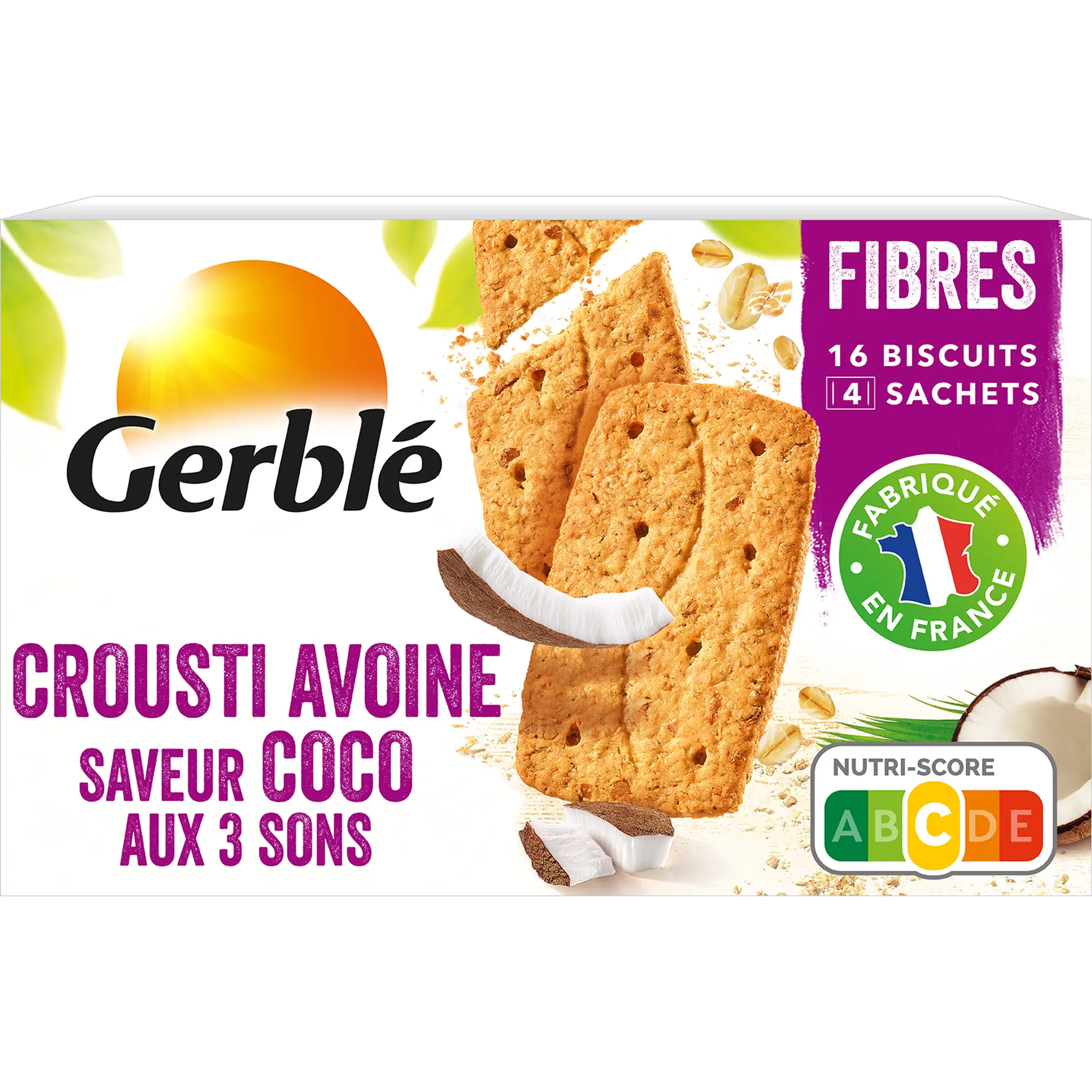 GERBLE Biscuits crousti avoine saveur coco aux 3 sons, sachets fraîcheur