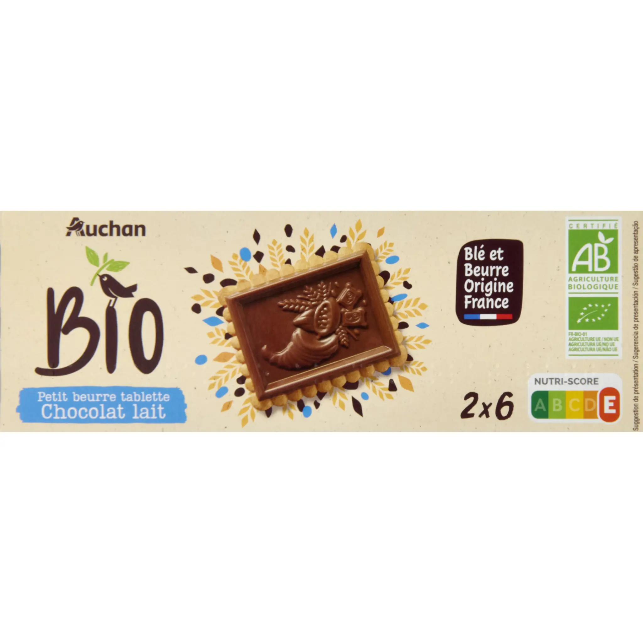 AUCHAN BIO CULTIVONS LE BON Biscuits petit beurre avec tablette de chocolat au lait