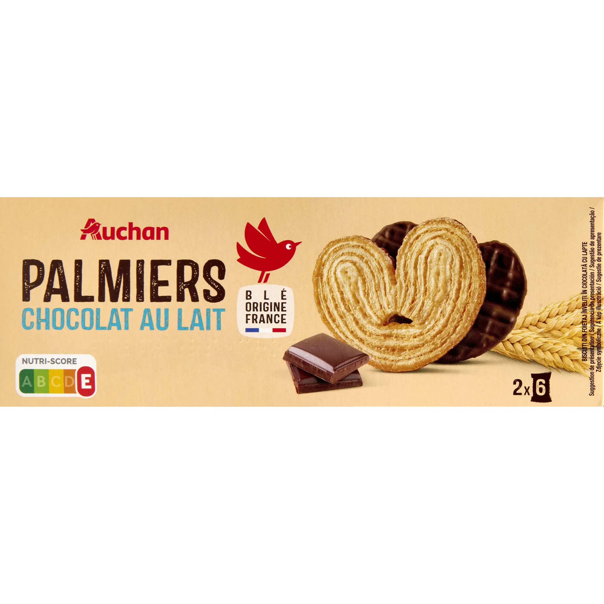 AUCHAN Palmiers biscuits feuilletés nappés au chocolat au lait sachets fraîcheur