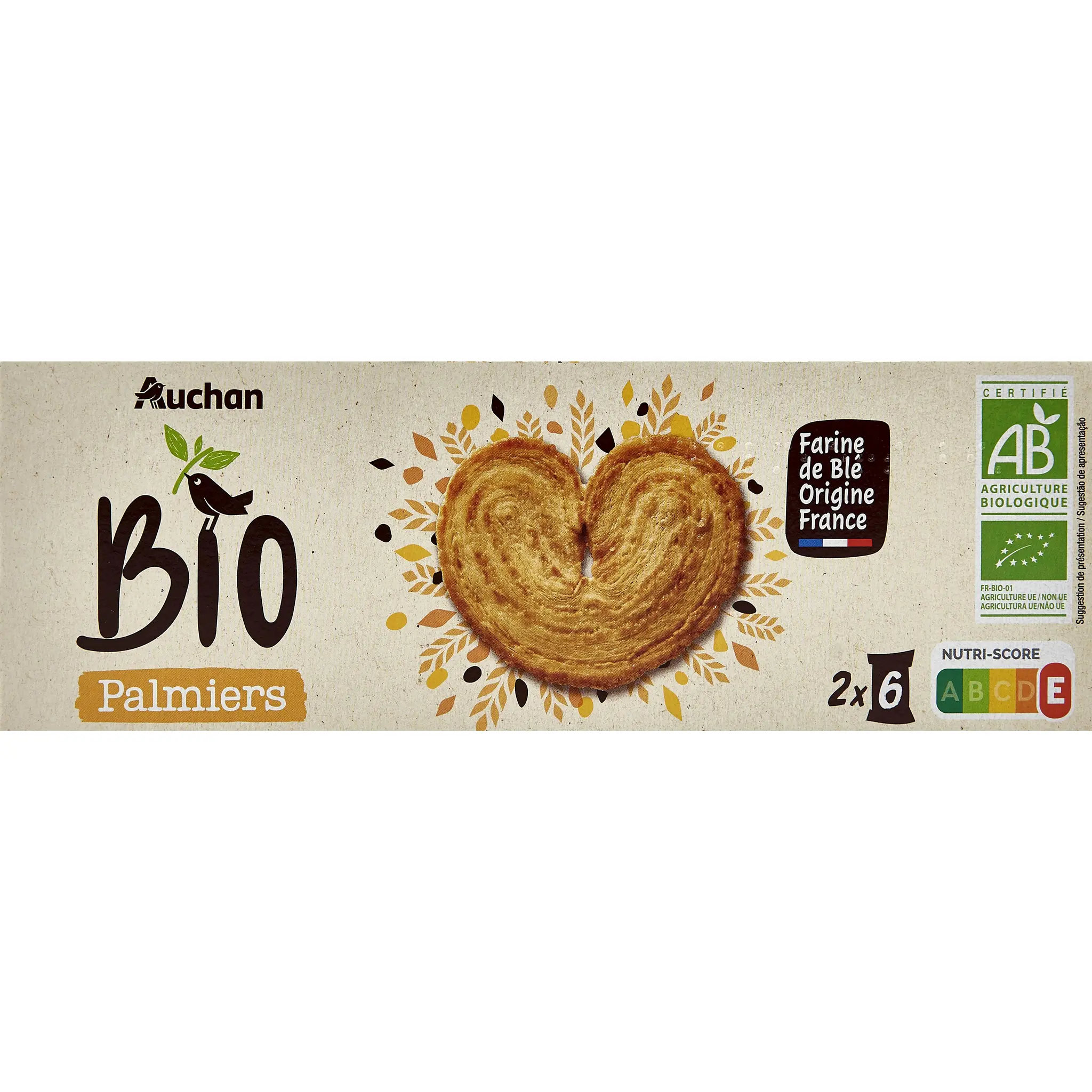 AUCHAN BIO Palmiers biscuits feuilletés sachets fraîcheur
