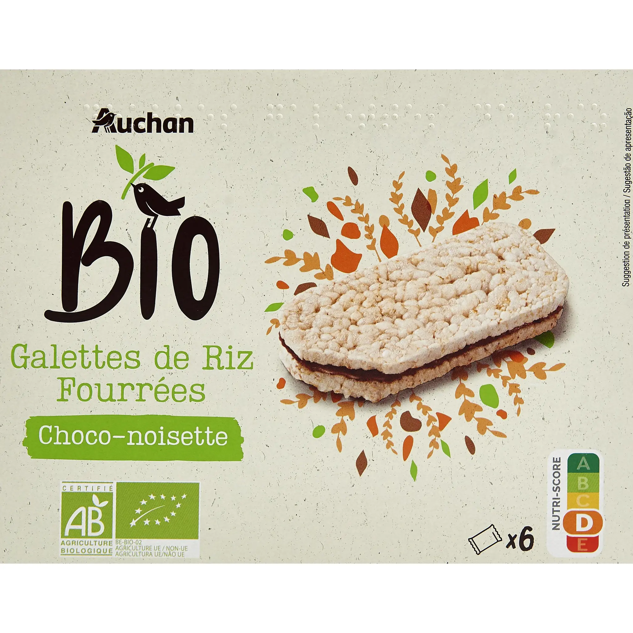 AUCHAN BIO Galettes de riz fourrées au choco-noisette en sachet individuel