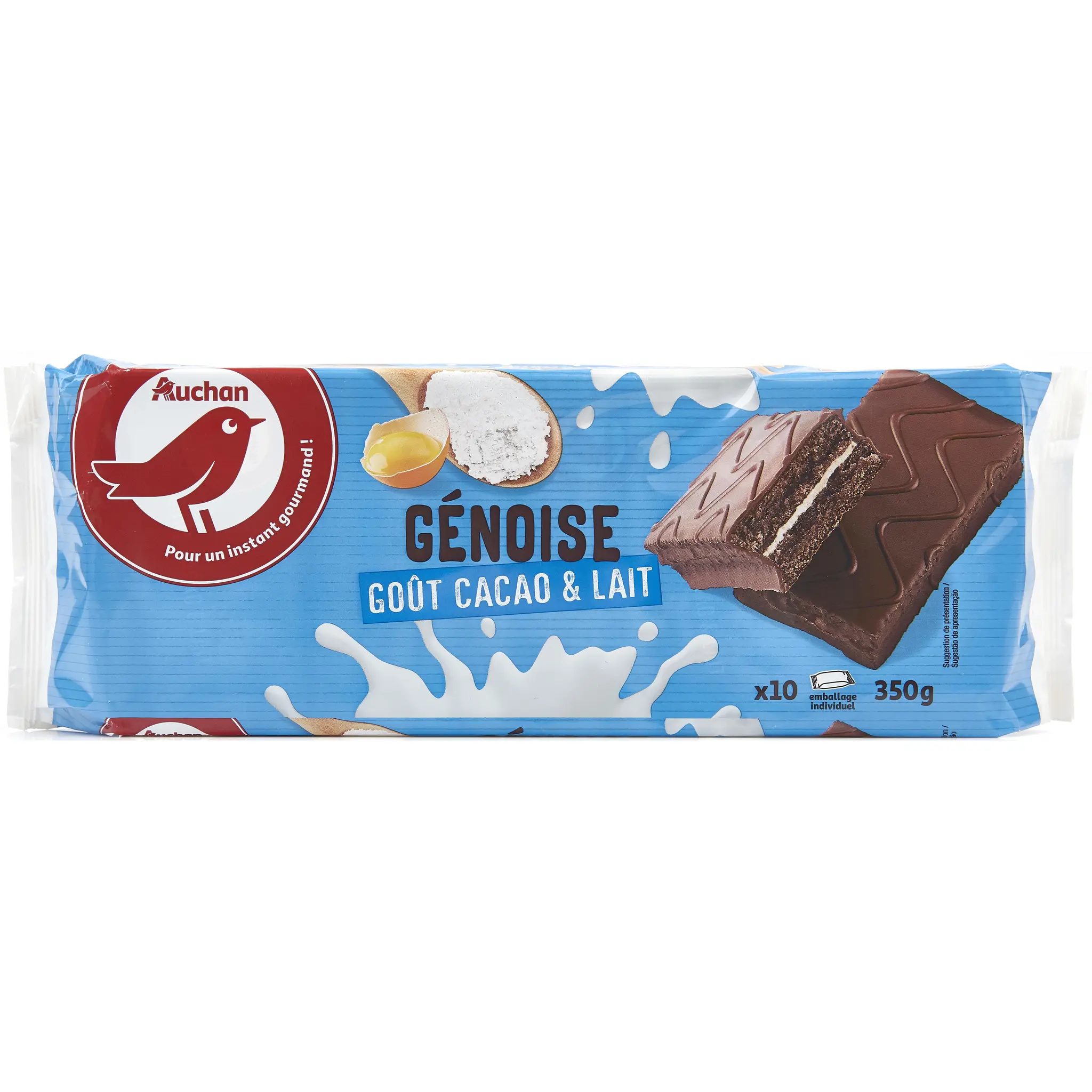 AUCHAN Génoise lait et cacao sachets individuels