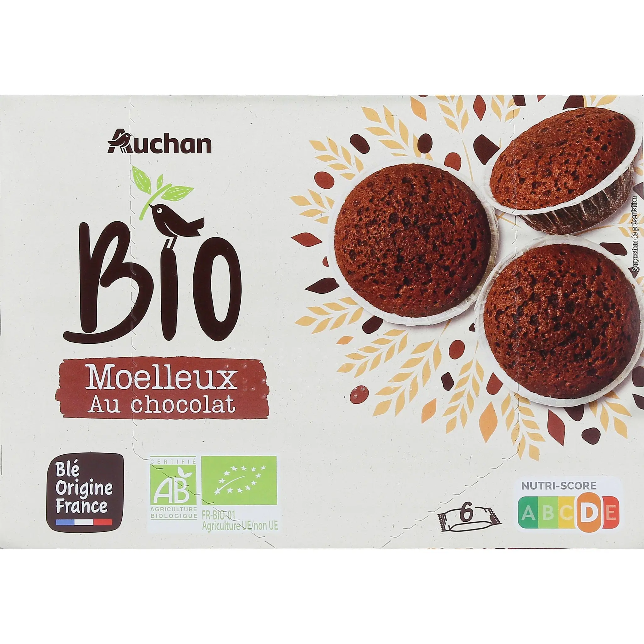 AUCHAN BIO Moelleux au chocolat sachets individuels