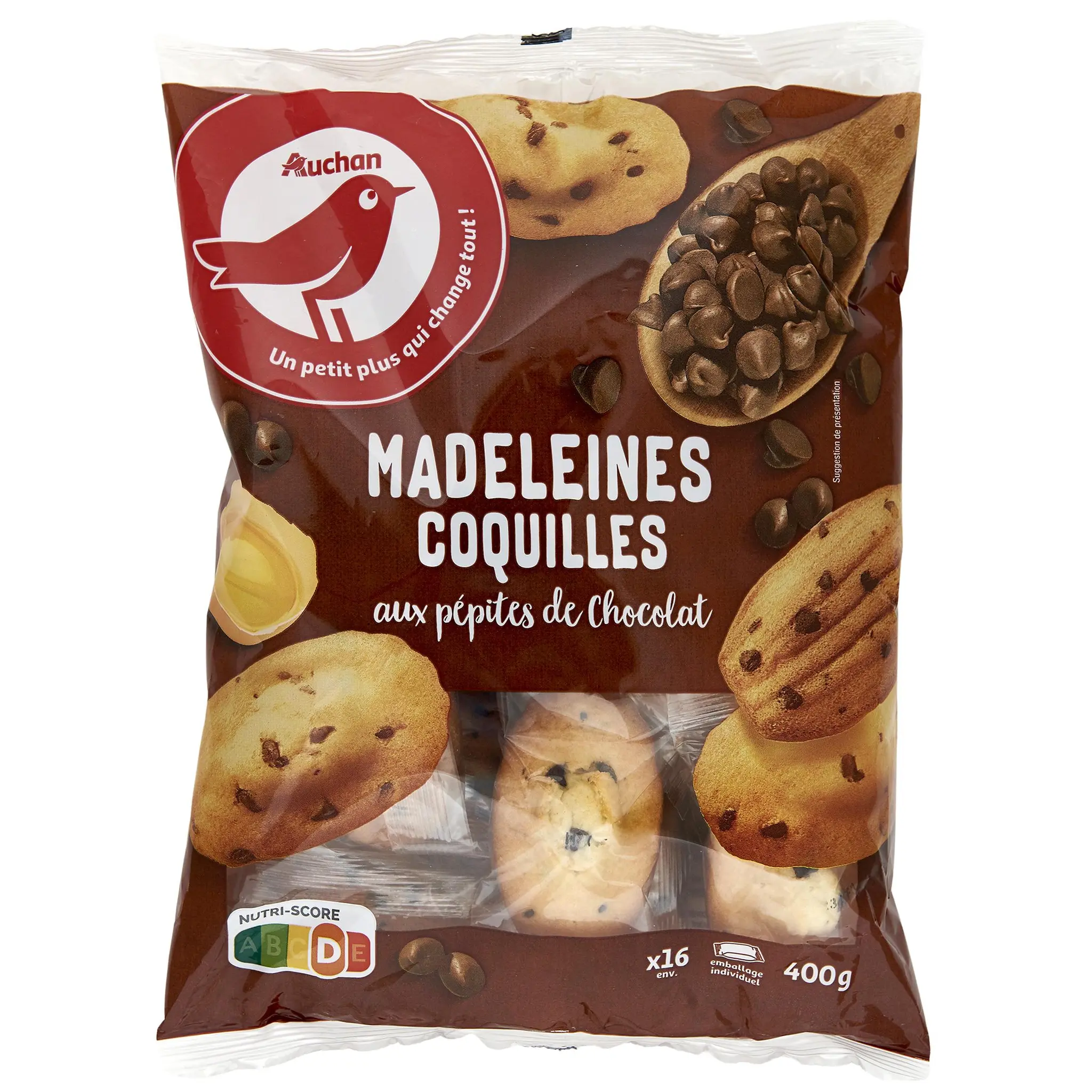 AUCHAN Madeleines coquilles aux pépites de chocolat sachets individuels