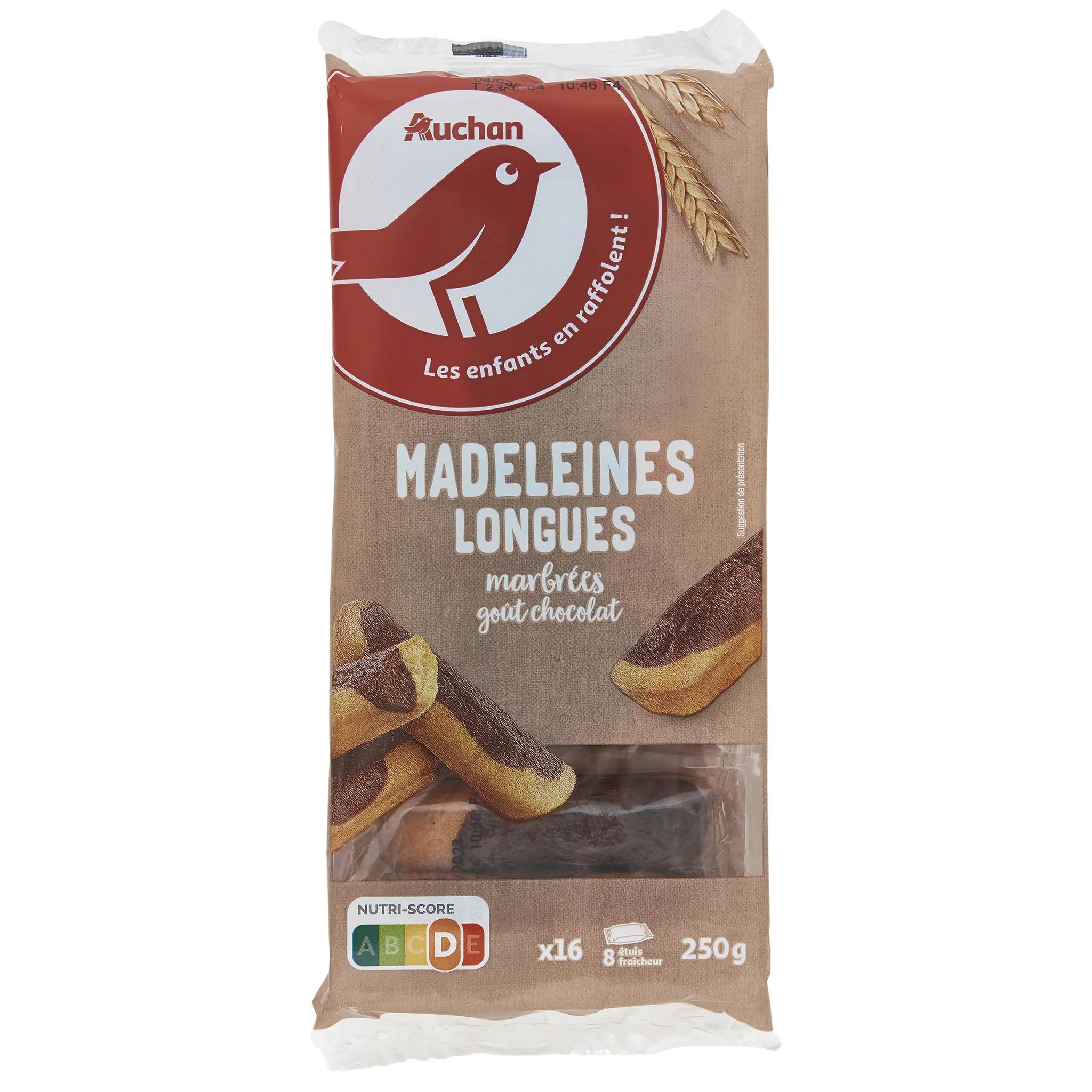 AUCHAN Madeleines longues marbrées goût chocolat sachets fraîcheur