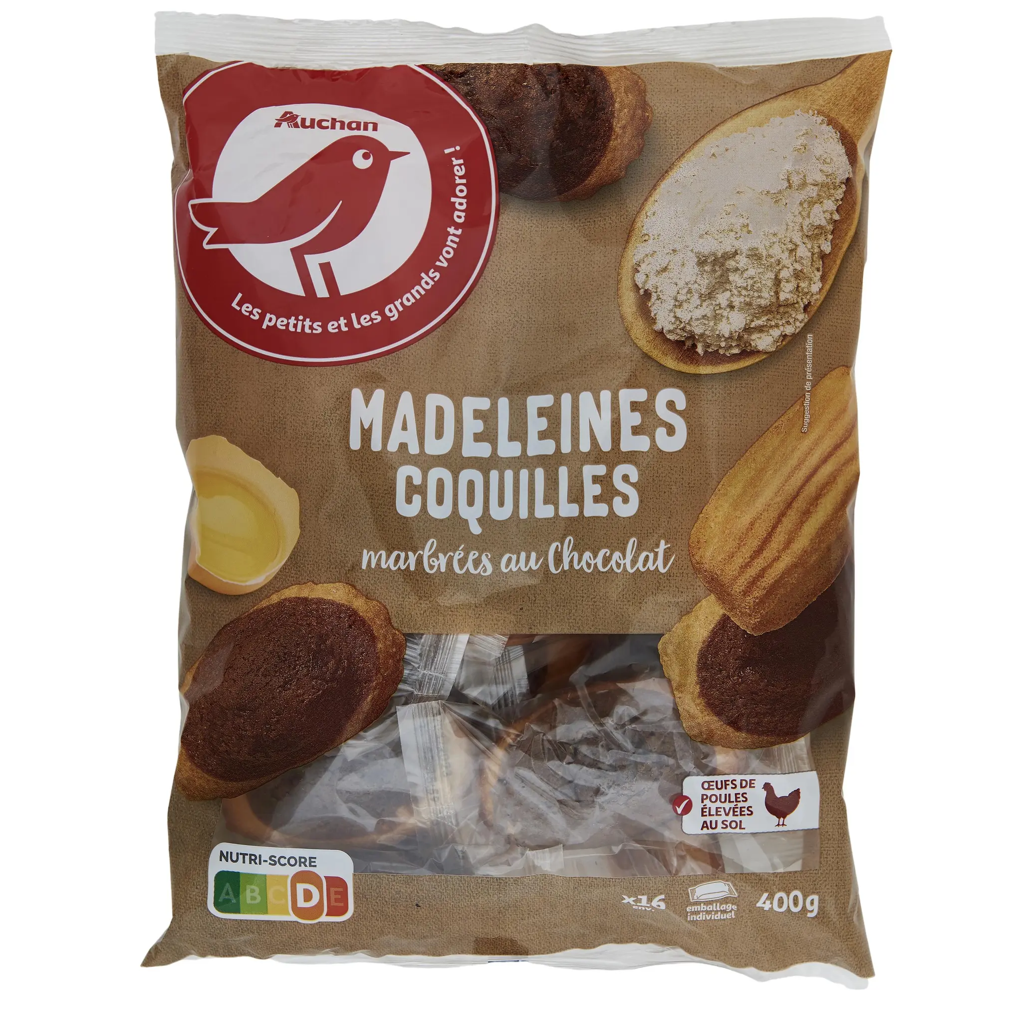 AUCHAN Madeleines coquilles marbrées au chocolat sachets individuels